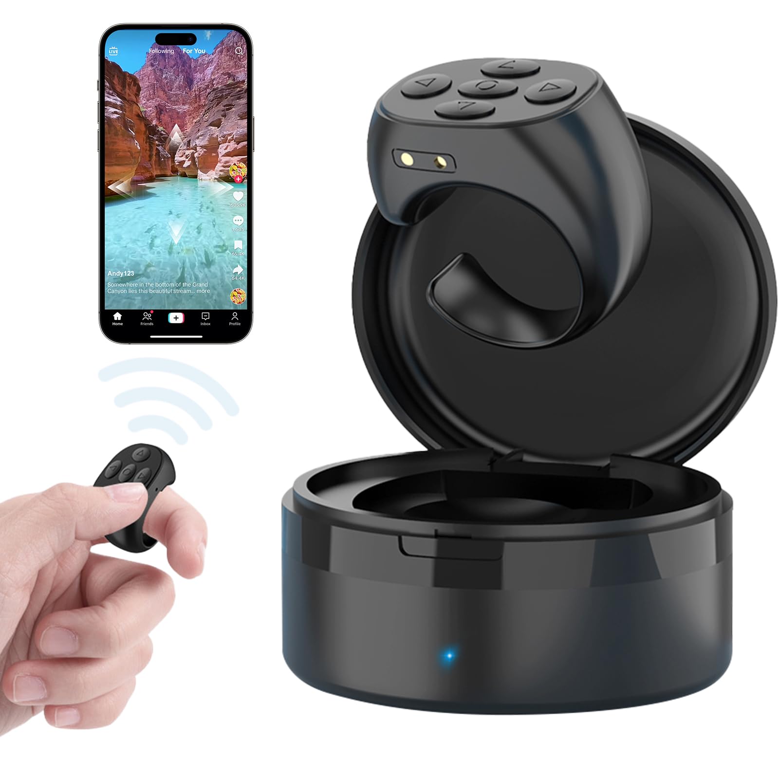Wireless Bluetooth Finger Ring Remote Control for TikTok Scrolling, Camera Shutter & Page Turning - Rechargeable Hands-Free Device for Social Media, Photography & Presentations (Black) - Perfect for Content Creators, Vloggers & Online Teachers