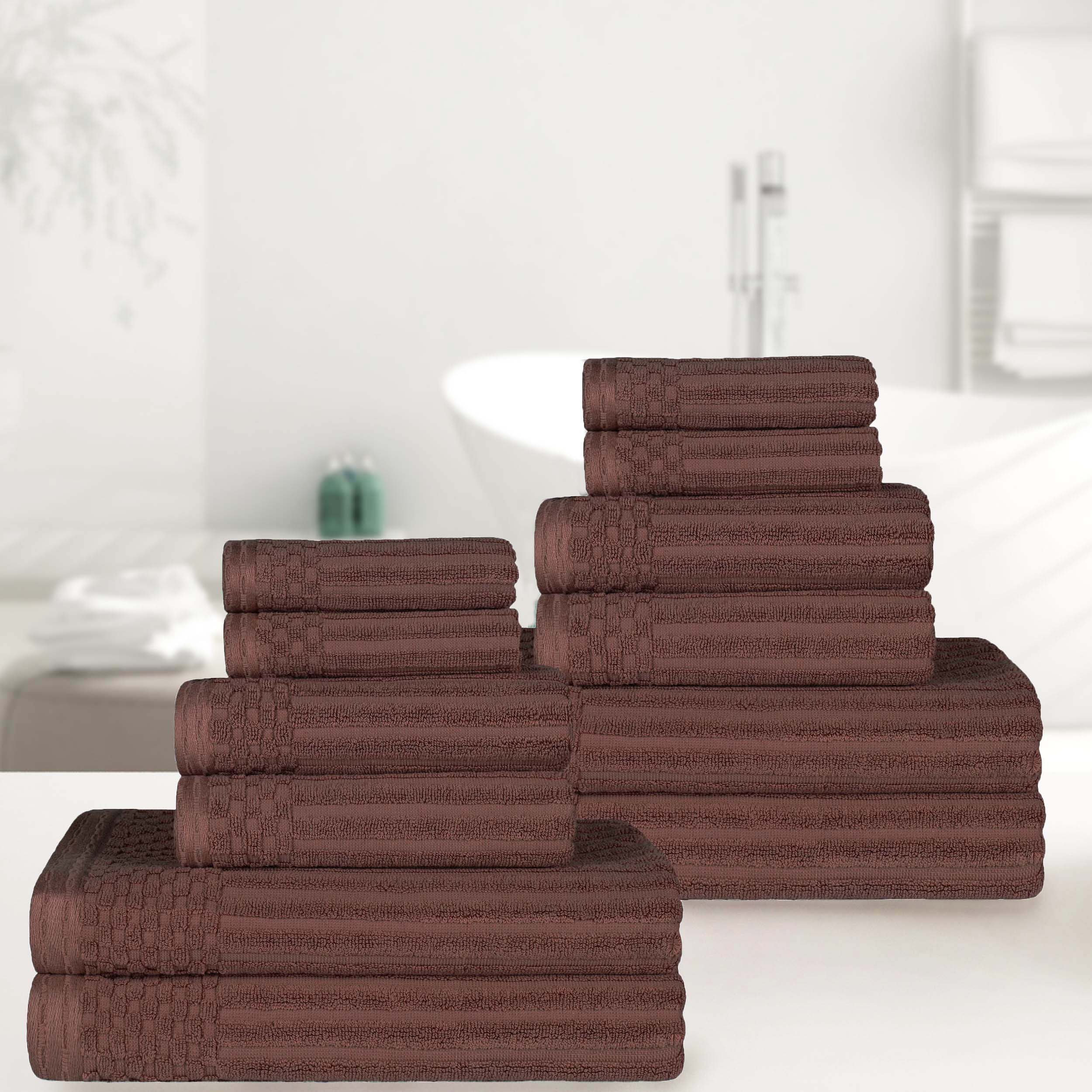 Premium 12-Piece Ribbed Textured Cotton Towel Set - Medium Weight Bath & Hand Towels for Spa, Guest Bathroom & Luxury Home Decor
