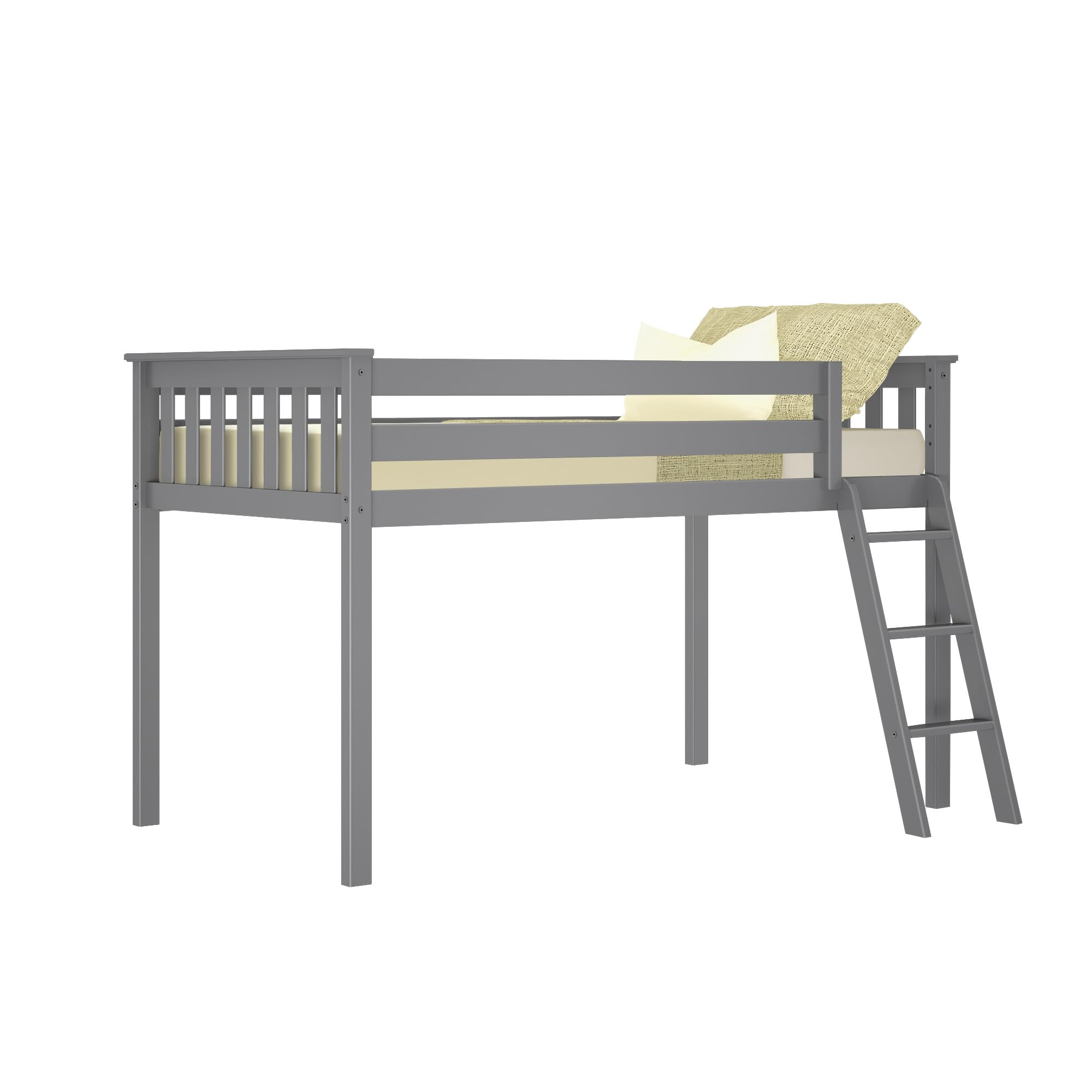 Max & Lily Low Loft Twin Bed Frame for Kids - Sturdy Wooden Bunk Bed with Ladder & Safety Rail - Space-Saving Grey Bedroom Furniture for Small Rooms, Dorms & Kids' Sleepovers