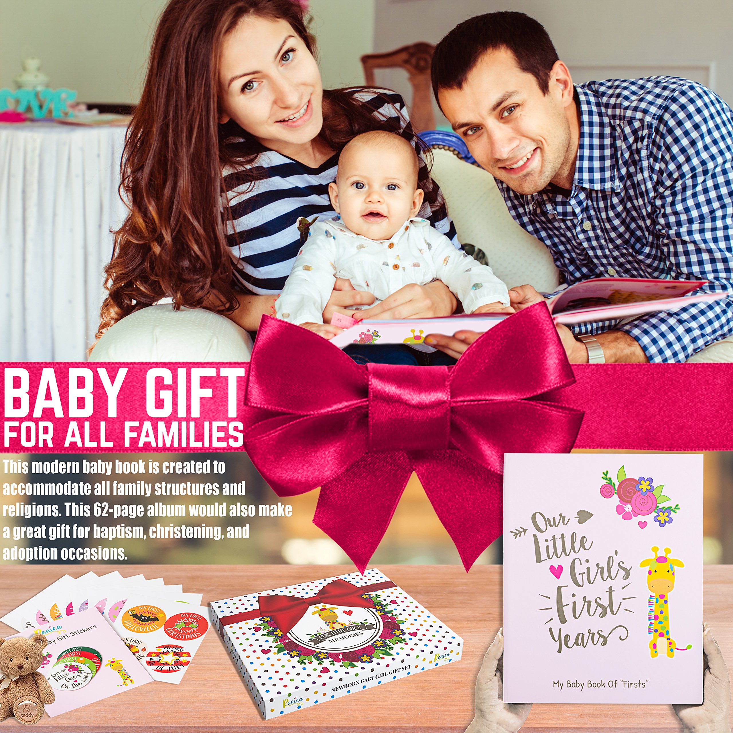 Ronica Baby Girl Gift Set with Memory Book & Monthly Stickers - Modern Photo Journal & Keepsake Album for First 5 Years - Perfect Baby Shower Gift for Mom, Dad & Grandparents - Capture Precious Milestones & Create Lasting Memories