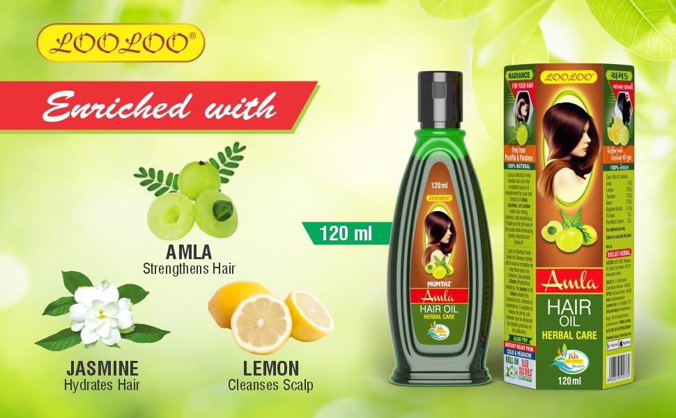 LooLoo Mumtaz Amla Hair Oil - 100% Natural Hair Growth Treatment with Amla, Jasmine & Lemon Extract - 3 Pack (120ml Each) for Dry, Damaged Hair & Scalp Care - Perfect for Daily Nourishment & Styling
