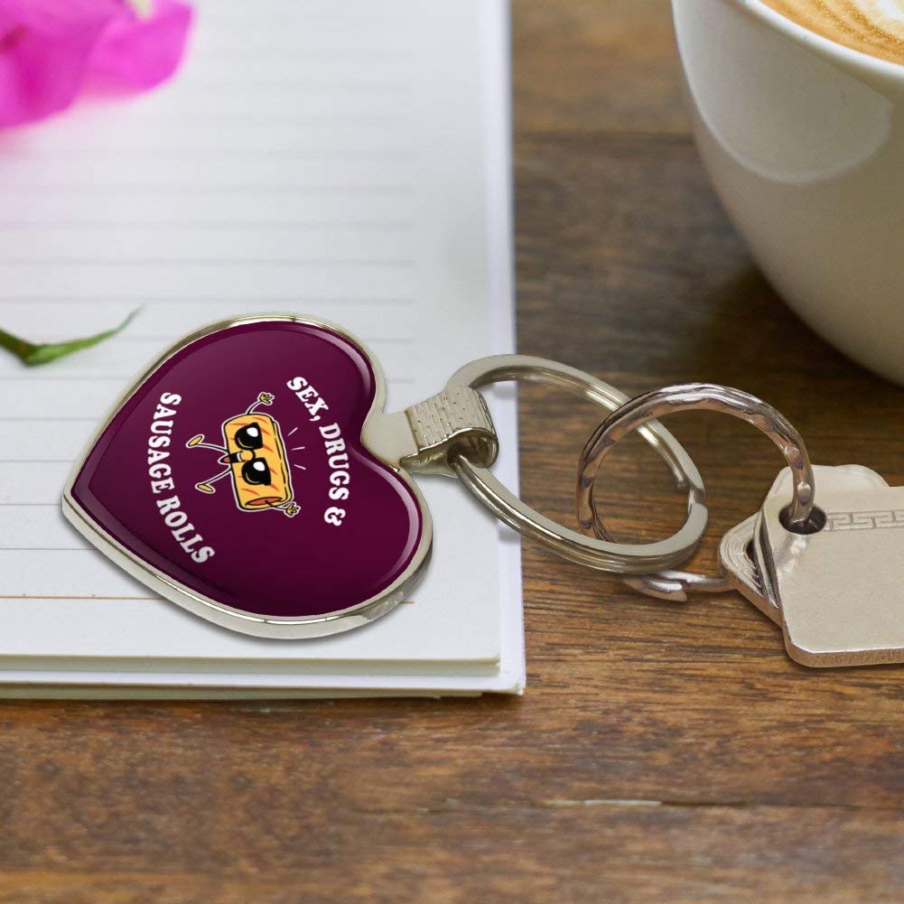 Funny Humor Keychain - Sex Drugs and Sausage Rolls Metal Key Ring for Heart Love - Perfect Gift for Friends & Couples (Birthday, Anniversary, Valentine's Day)