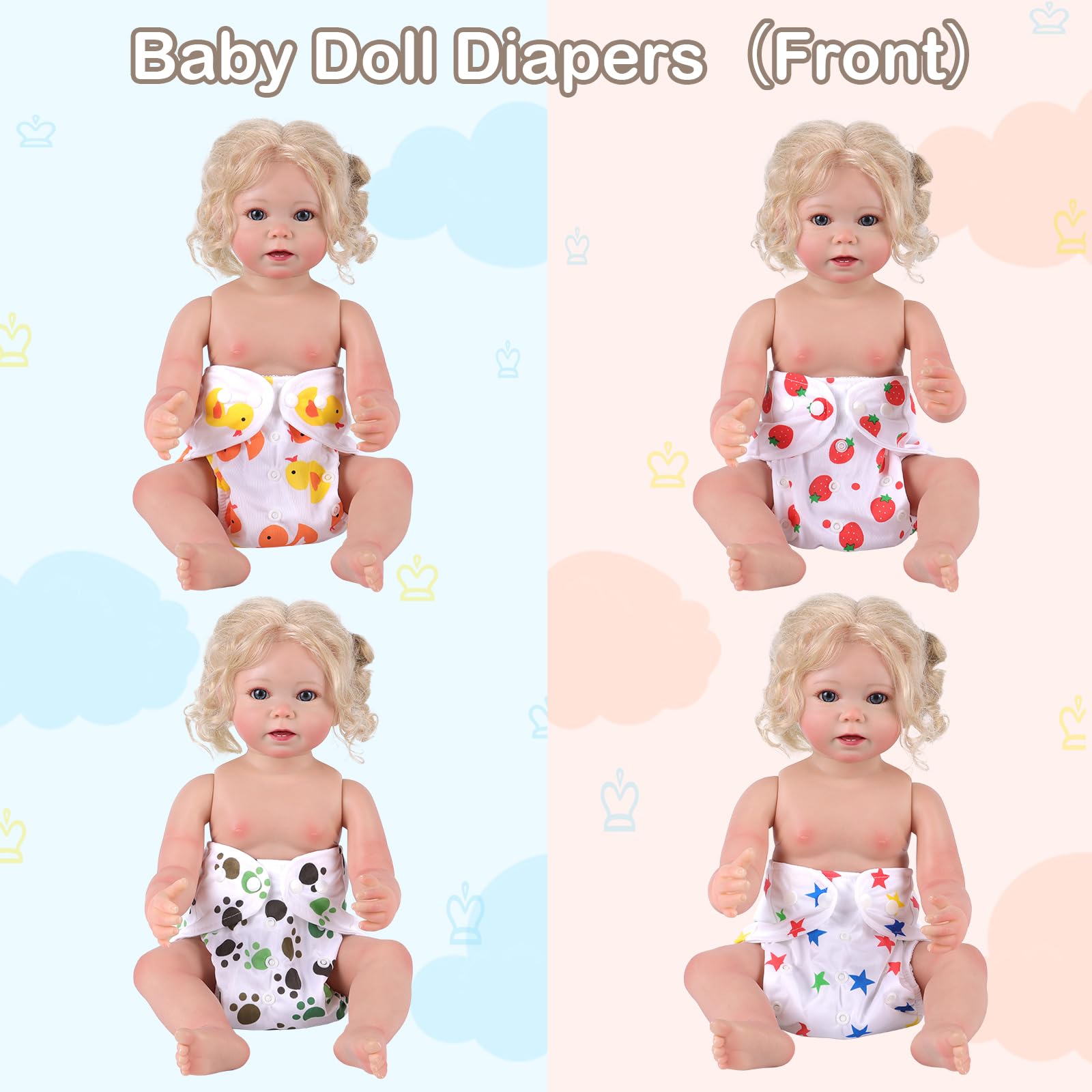 BABESIDE 4 Pack Reusable Baby Doll Diapers for 17-22 Inch Reborn Dolls - Adjustable Button Cloth Underwear for Infant Dolls, Perfect for Role Play, Baby Shower Gifts & Toddler Pretend Play