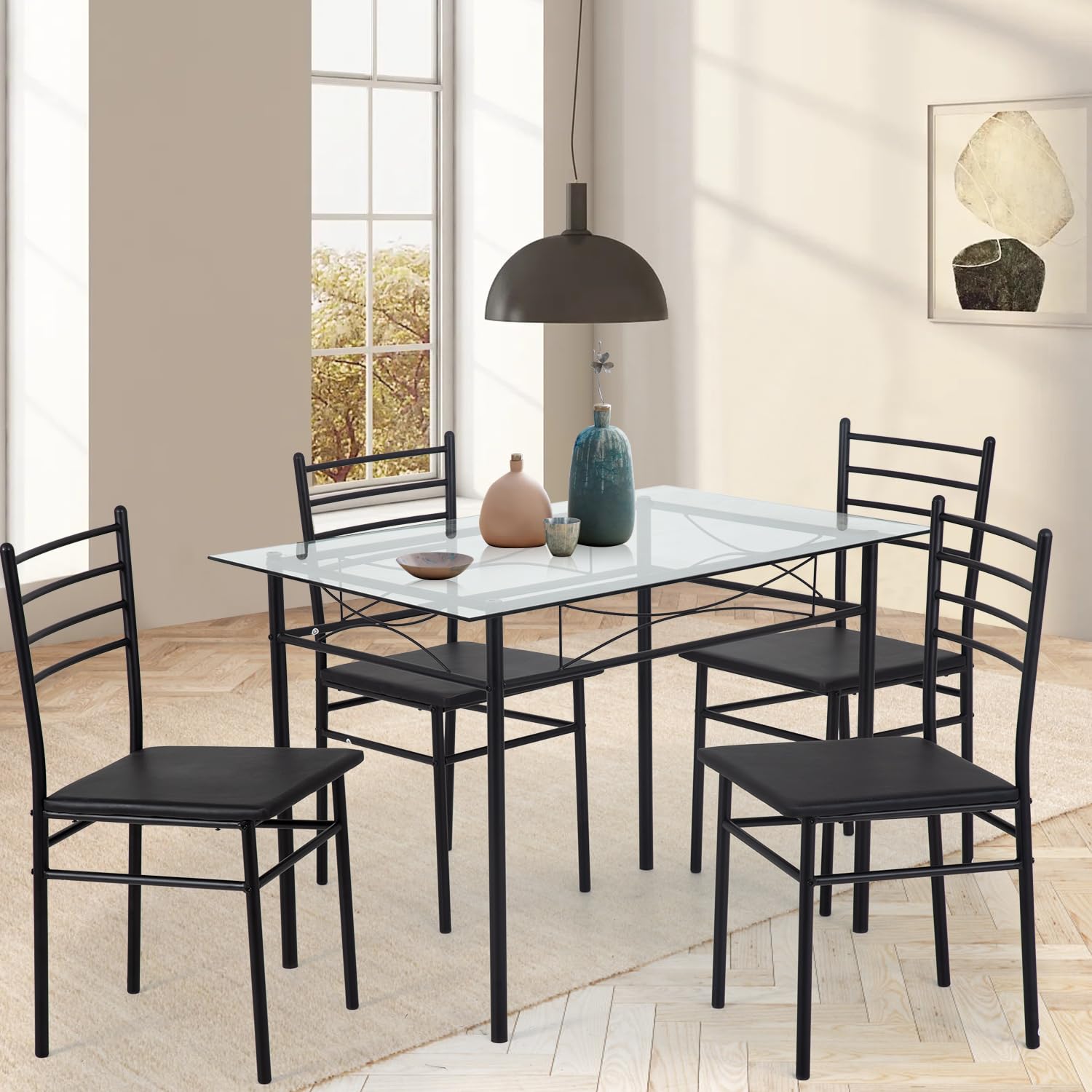 **PayLessHere 5-Piece Modern Dining Set - Glass Top Table & 4 Metal Leg Chairs for Kitchen, Breakfast Nook, or Small Space | Perfect for Family Meals & Entertaining Guests**