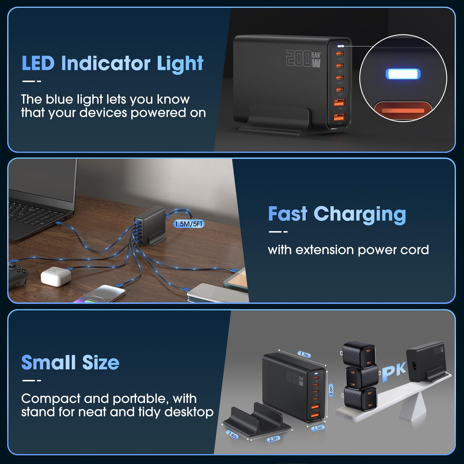 200W USB C Fast Charger Plug, 6-Port GaN III Charging Station with PD 100W/65W/44W/20W & QC 18W - Compatible with MacBook Pro/Air, Dell XPS, iPhone 15/14/13, iPad, Steam Deck - Perfect for Home, Office & Travel Charging Multiple Devices Simultaneously