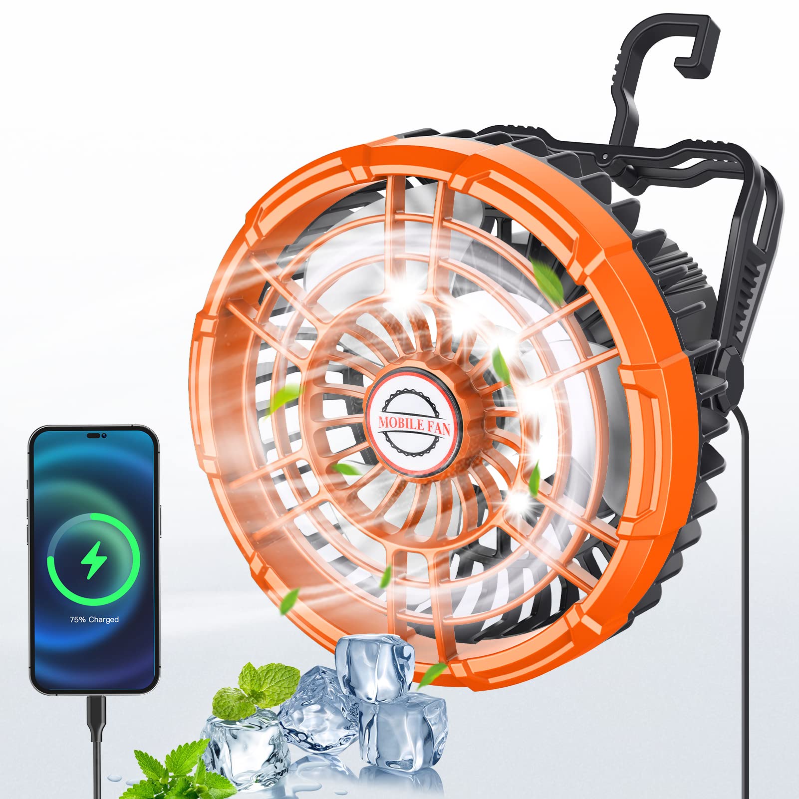 Rechargeable 10400mAh Camping Fan with LED Lantern - Portable USB Tent Fan with Hang Hook, 180° Adjustable Head, Quiet Operation & Power Bank Function | Perfect for Outdoor Activities, Picnics, BBQ, Fishing, Hiking and Emergency Use