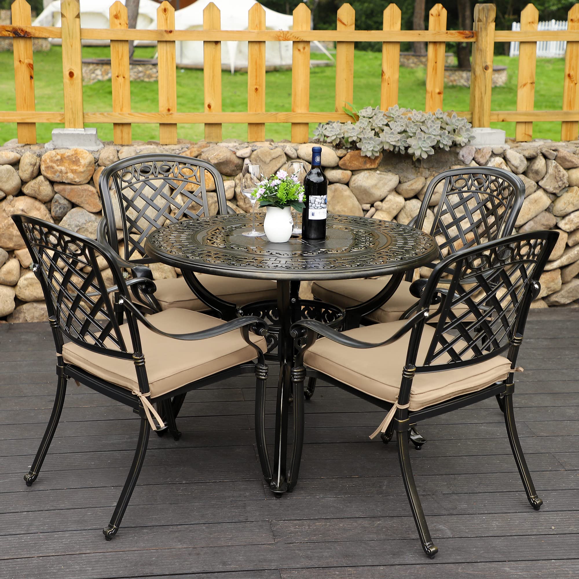 5-Piece All-Weather Cast Aluminum Outdoor Dining Set with 4 Chairs & Cushions - Patio, Garden, Backyard Furniture with 2.0