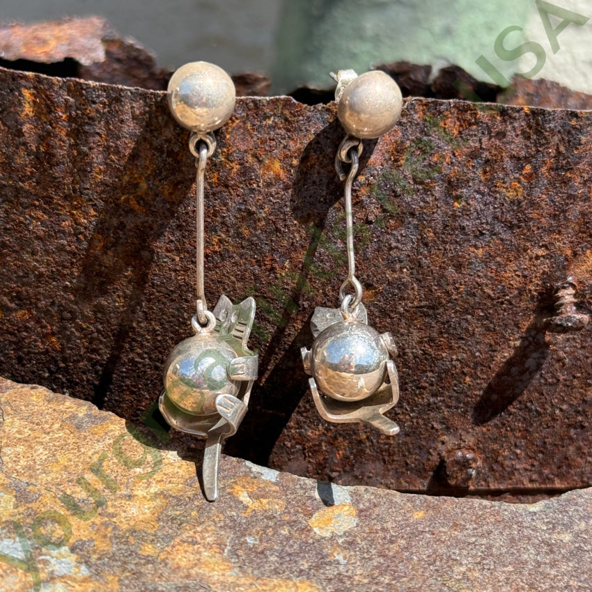 Vintage Sterling Silver Cat & Orb Pierced Post Earrings | Dainty Boho Jewelry for Women | Perfect for Parties, Date Nights & Gifts