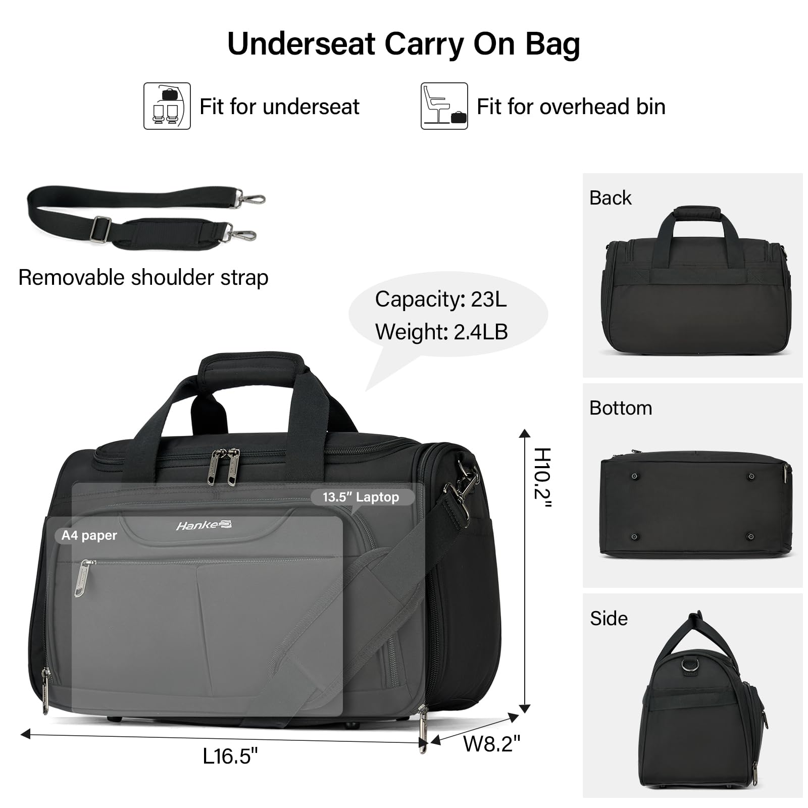 Hanke Foldable Underseat Carry On Luggage Bag - Lightweight Travel Tote for Women & Men, Softside Personal Item Bag for Flight Crew & Overnight Trips | Perfect for Airplane, Train & Bus Travel (Black)