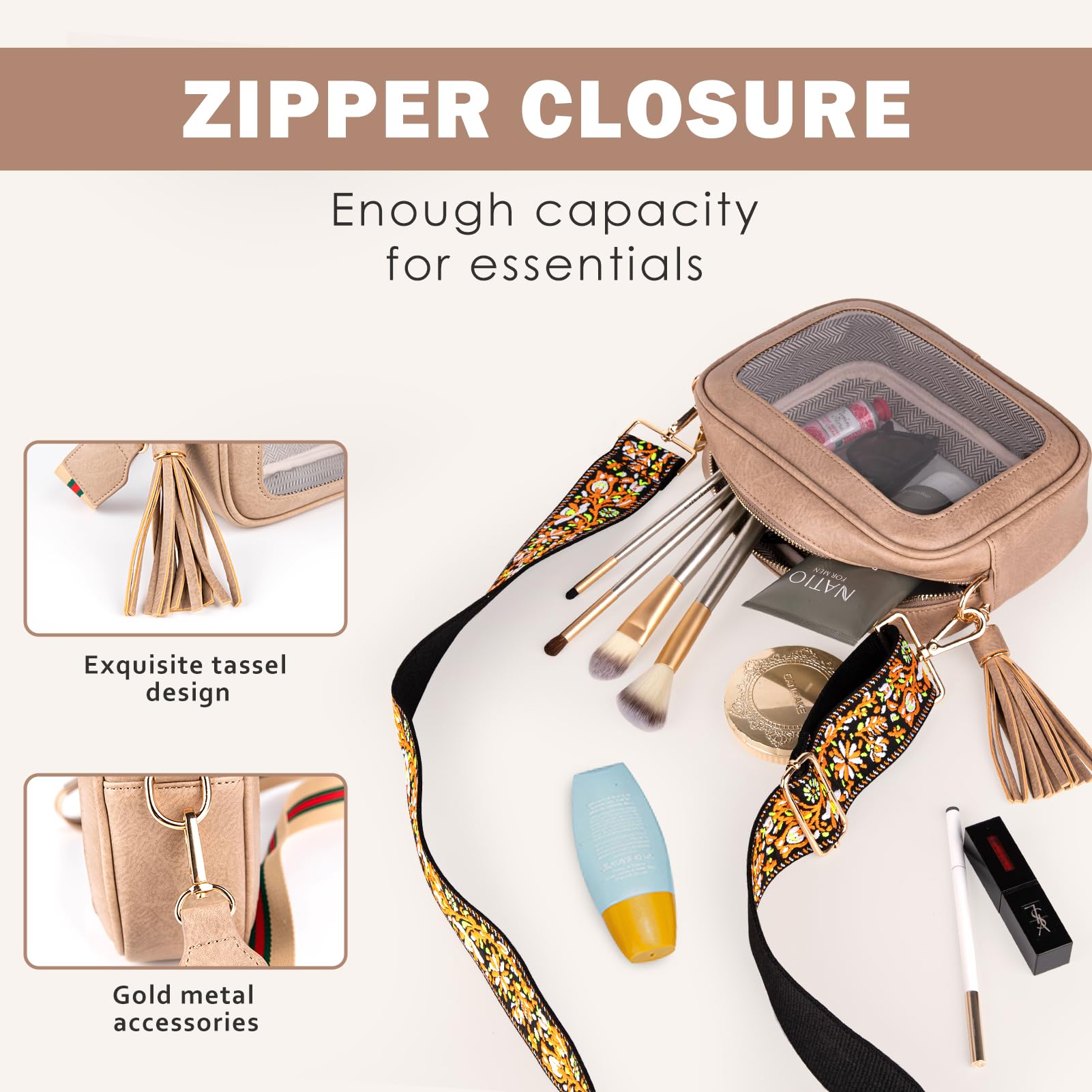 Viva Terry Clear Stadium Approved Crossbody Bag - Small Clear Purse with 2 Adjustable Straps for Makeup & Toiletry - Perfect for Concerts, Sports Games & Theme Parks