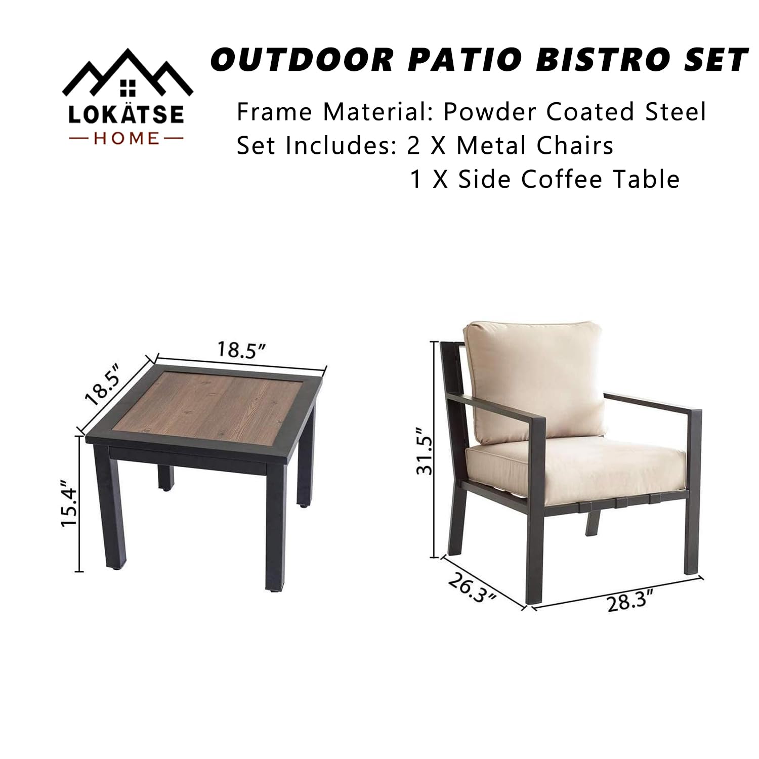 LOKATSE HOME 3-Piece Patio Bistro Set - Steel Outdoor Dining Set with Cushioned Chairs & Side Coffee Table - Beige Conversation Furniture for Garden, Balcony, Backyard & Poolside Relaxation