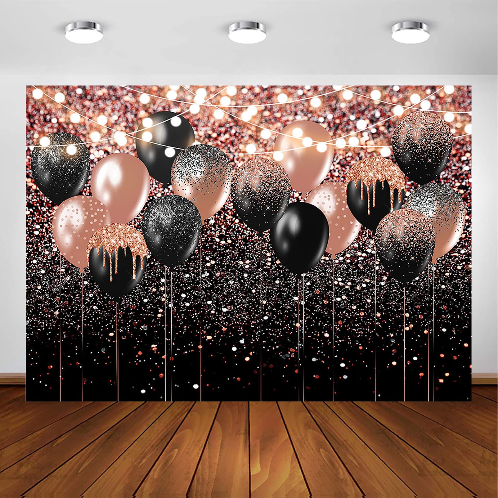 Rose Gold & Black Glitter Photography Backdrop - 7x5ft Party Decor for Birthday, Wedding, Bridal Shower, Balloon Decorations | Perfect for Photo Booths, Social Media Shoots & Event Backgrounds