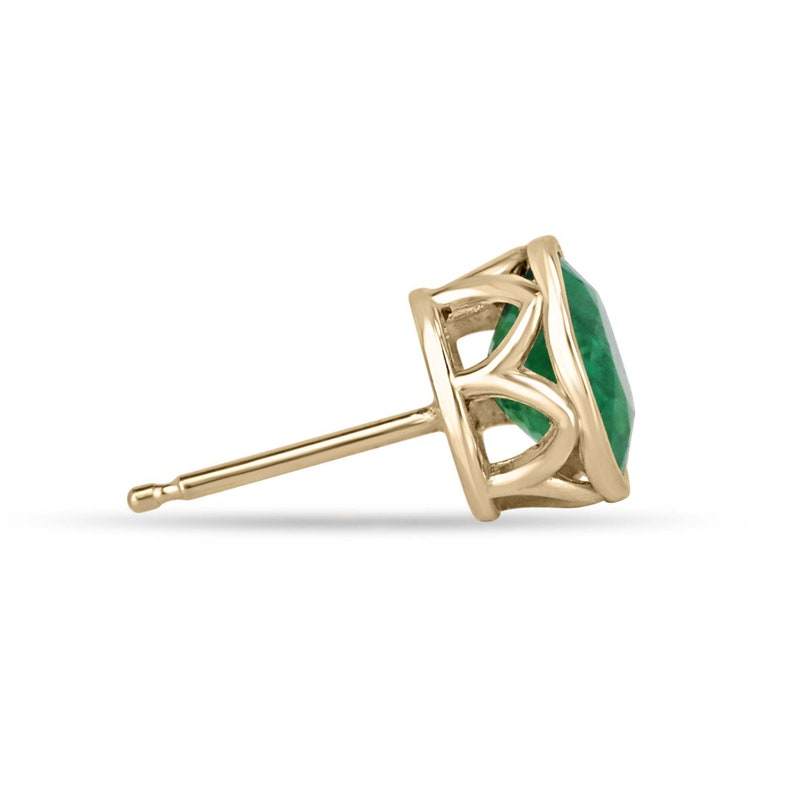 2.14tcw 18K Gold Round Cut Vivid Rich Green Bezel Set Emerald Stud Earrings for Women - Perfect for Weddings, Parties & Special Occasions