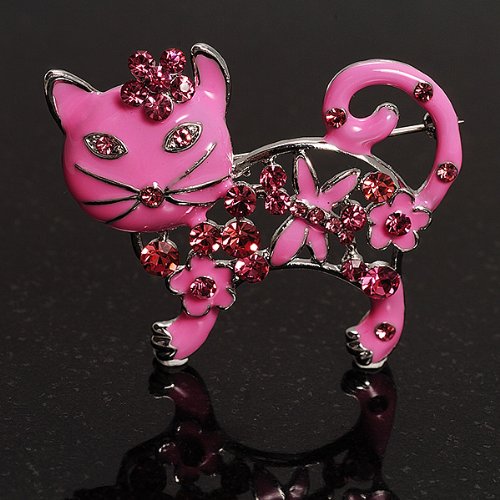 Elegant Pink Crystal Enamel Cat Brooch Pin - Vintage Style Jewelry for Women - Perfect for Blazers, Scarves & Handbags
