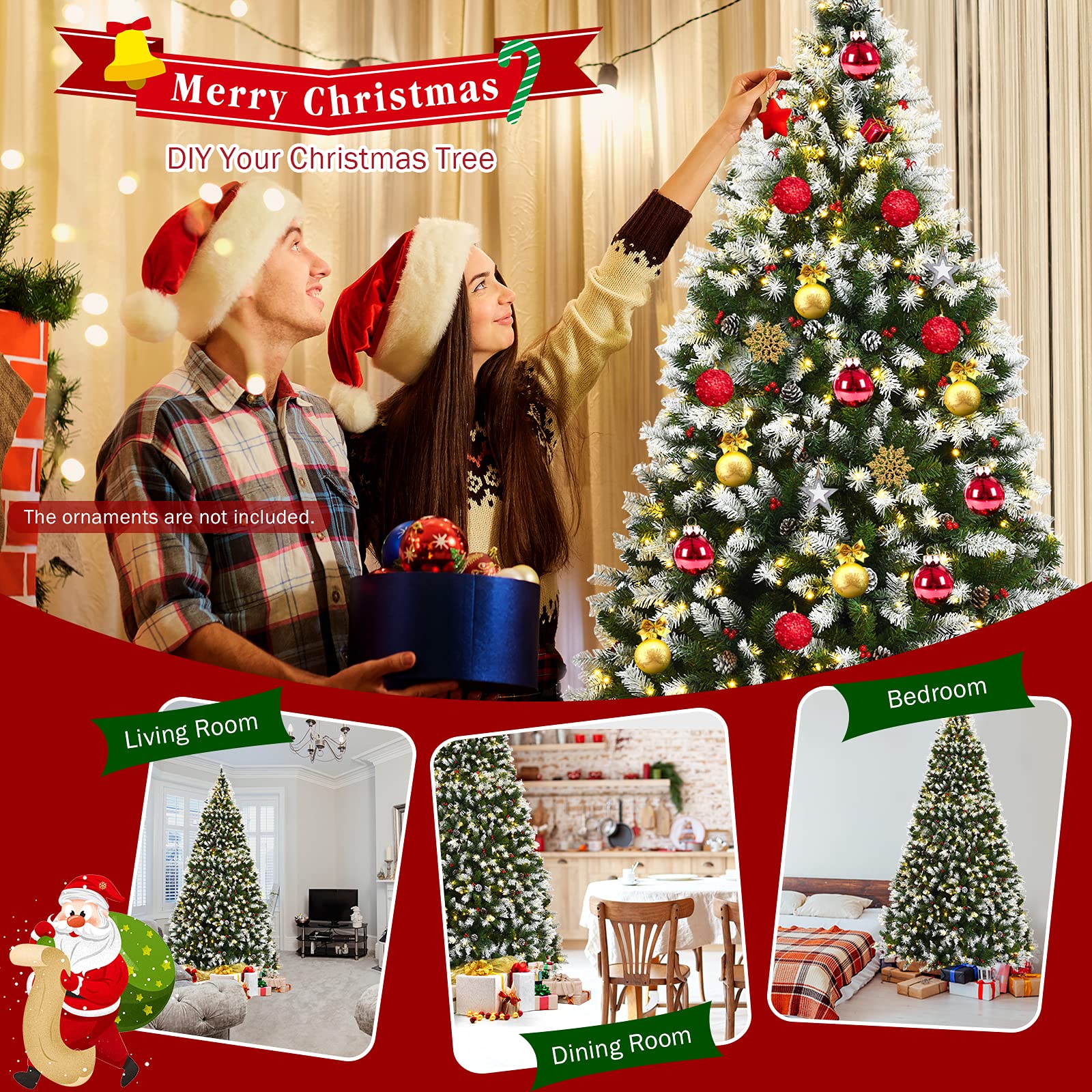 Goplus 9ft Pre-lit Artificial Christmas Tree with Snow Flocked Branches, Pine Cones & Red Berries - 900 Warm White LED Lights, 8 Lighting Modes for Indoor Holiday Decor - Perfect for Living Room, Office & Christmas Party Decoration
