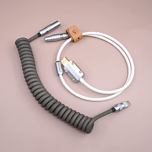 Handmade Custom Coiled USB C Cable with Aviator Connector - Compatible with Type-C, Micro USB & Mini USB for Mechanical Keyboards (Gray & White) - Perfect for Gaming, Office & Custom Keyboard Setups