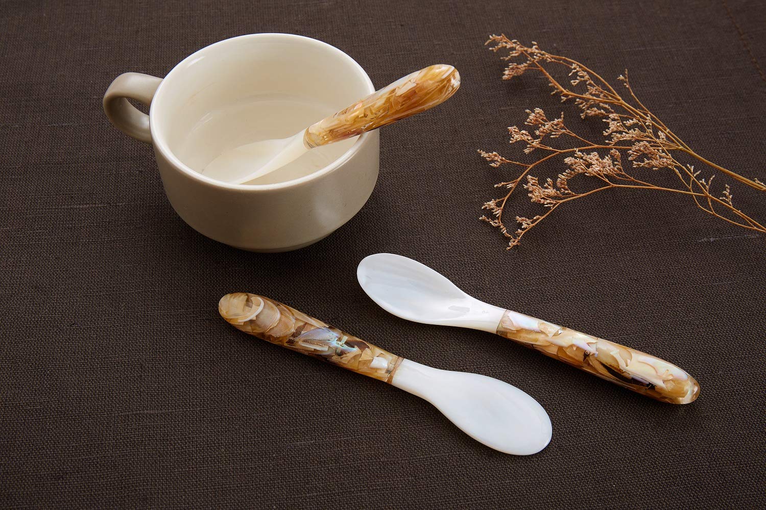 DUEBEL Set of 5 Pink Mother of Pearl MOP Caviar Spoons - Elegant Small Spoons for Caviar, Eggs, Ice Cream, Coffee & Desserts (12.5x2.5cm) - Perfect for Fine Dining, Tea Parties & Gourmet Food Presentation