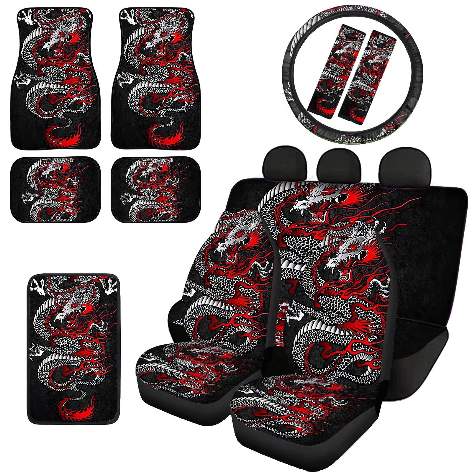 Pensura Cool Dragon Design Car Seat Covers - Full Set with Steering Wheel Protector, Shoulder Belt Pads, Center Console Cover & Floor Mats - Universal Fit for Sedan, Van, SUV - Perfect for Road Trips & Daily Commutes