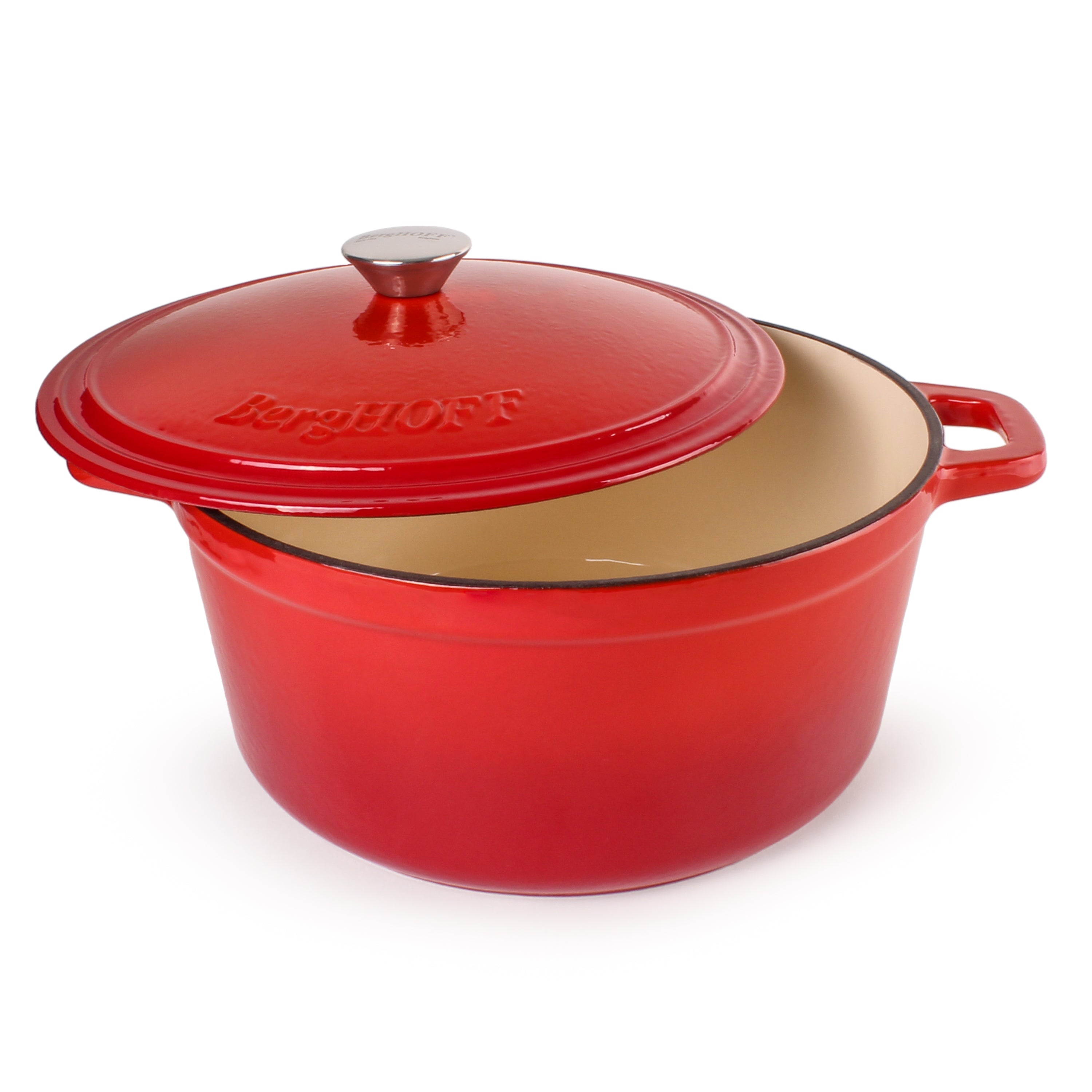 BergHOFF Neo Cast Iron 7-Quart Round Dutch Oven with Lid - Red | Heavy Duty Enameled Cookware for Braising, Stewing & Baking | Perfect for Stovetop, Oven & Campfire Cooking