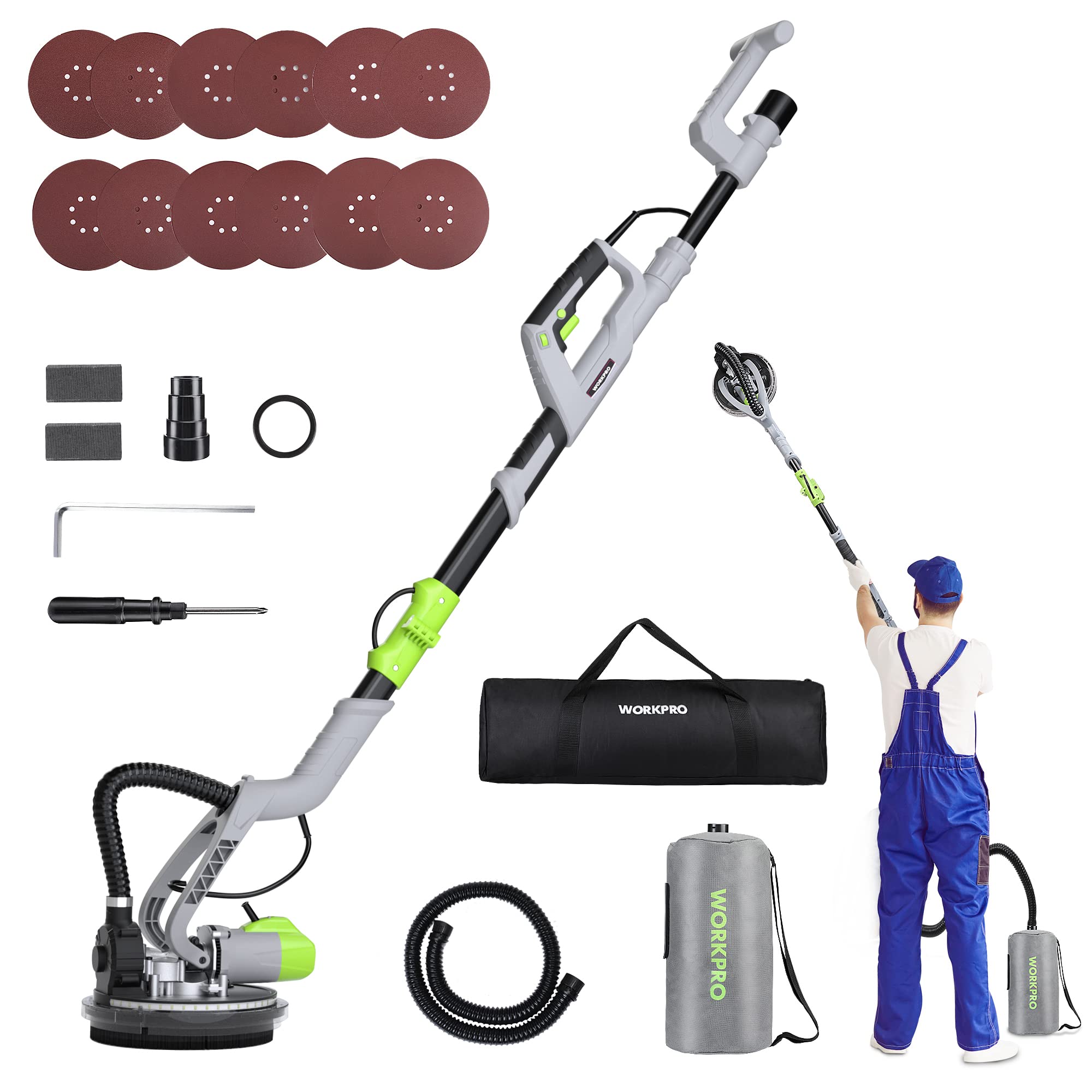 WORKPRO 720W Electric Drywall Sander with 12 Sanding Discs, 7-Speed Adjustable (1100-1850 RPM) - Wall Sander with Extendable Handle & LED Light for Drywall Repair, Ceiling Smoothing, and Floor Sanding - Perfect for Home Renovation and Professional Construction Projects