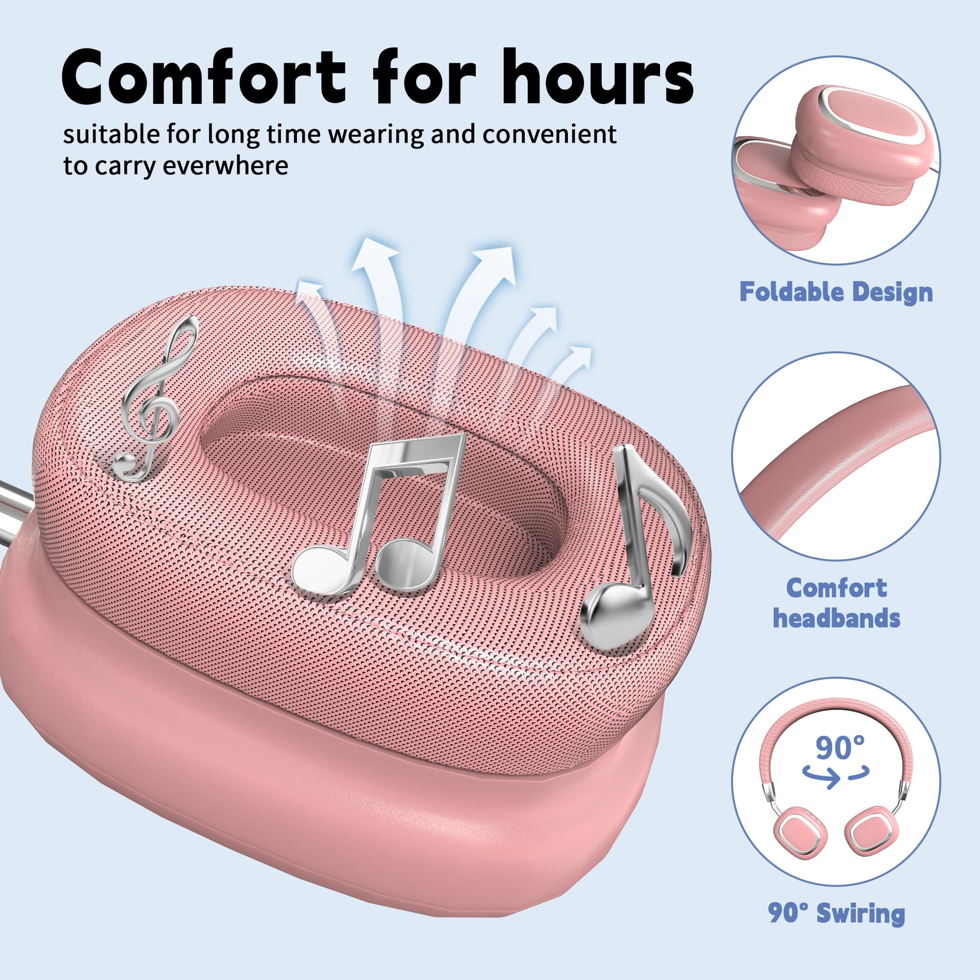 Wireless Bluetooth Over-Ear Headphones with Mic - Foldable, Lightweight Design, Wired Option - Stereo Sound for Phone, PC, Laptop - Soft Earmuffs for Comfortable Long Wear (Pink) | Perfect for Travel, Workouts, Office & Gaming