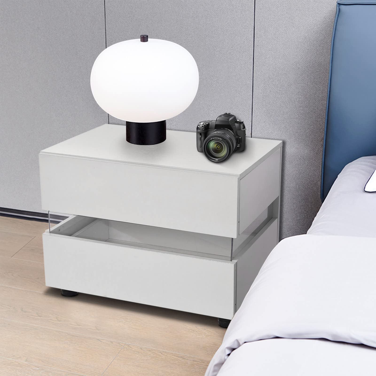 Modern LED Nightstand with 2 Drawers & Open Shelf - High Gloss White Wooden Bedside Table with Built-in Lights - Stylish End Table for Bedroom, Living Room & Office (Perfect for Small Spaces & Reading Nook Lighting)