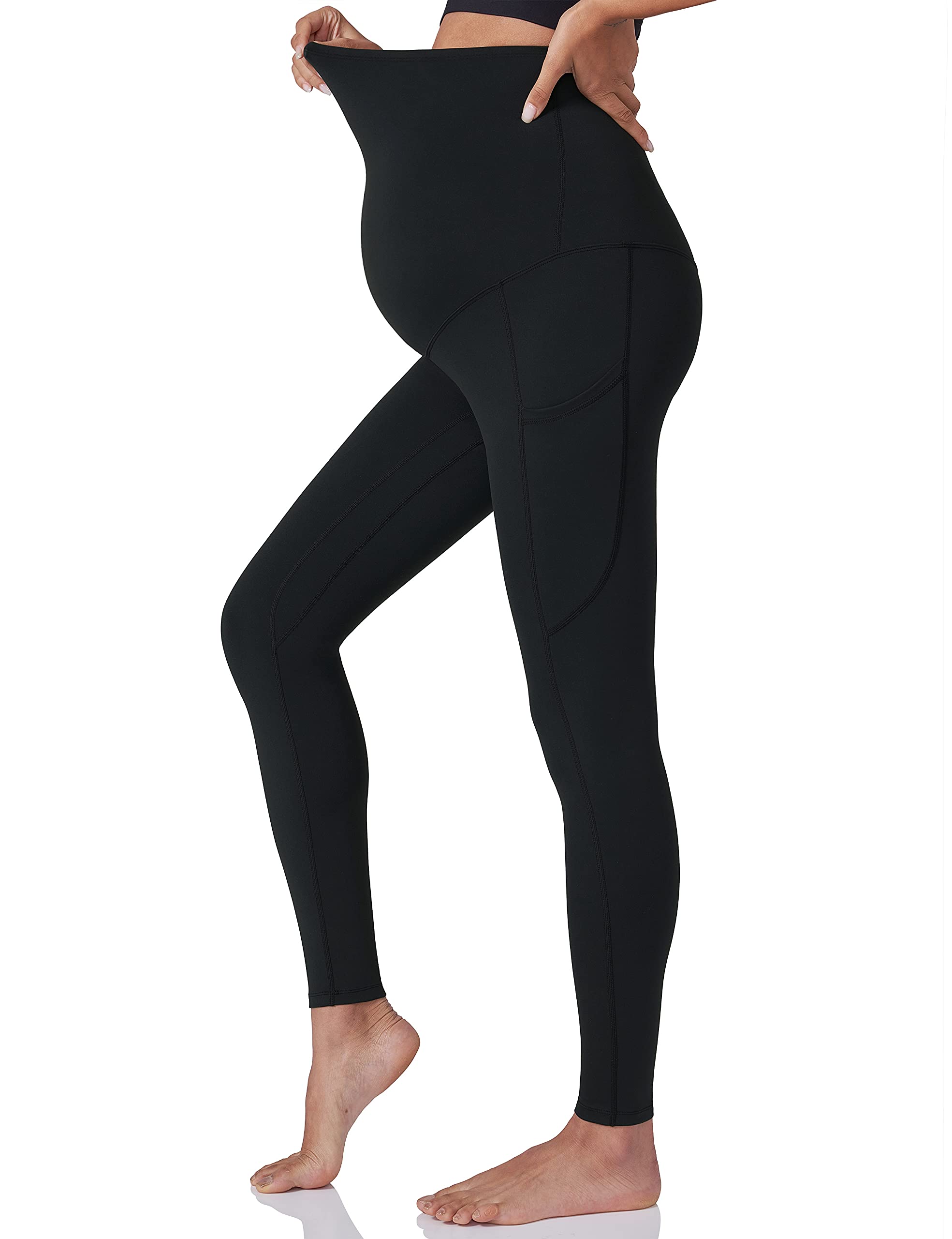 POSHDIVAH Women's Maternity Yoga Pants - Over The Belly Pregnancy Workout Leggings with Pockets - Soft Stretchy Activewear for Gym, Running & Office Wear