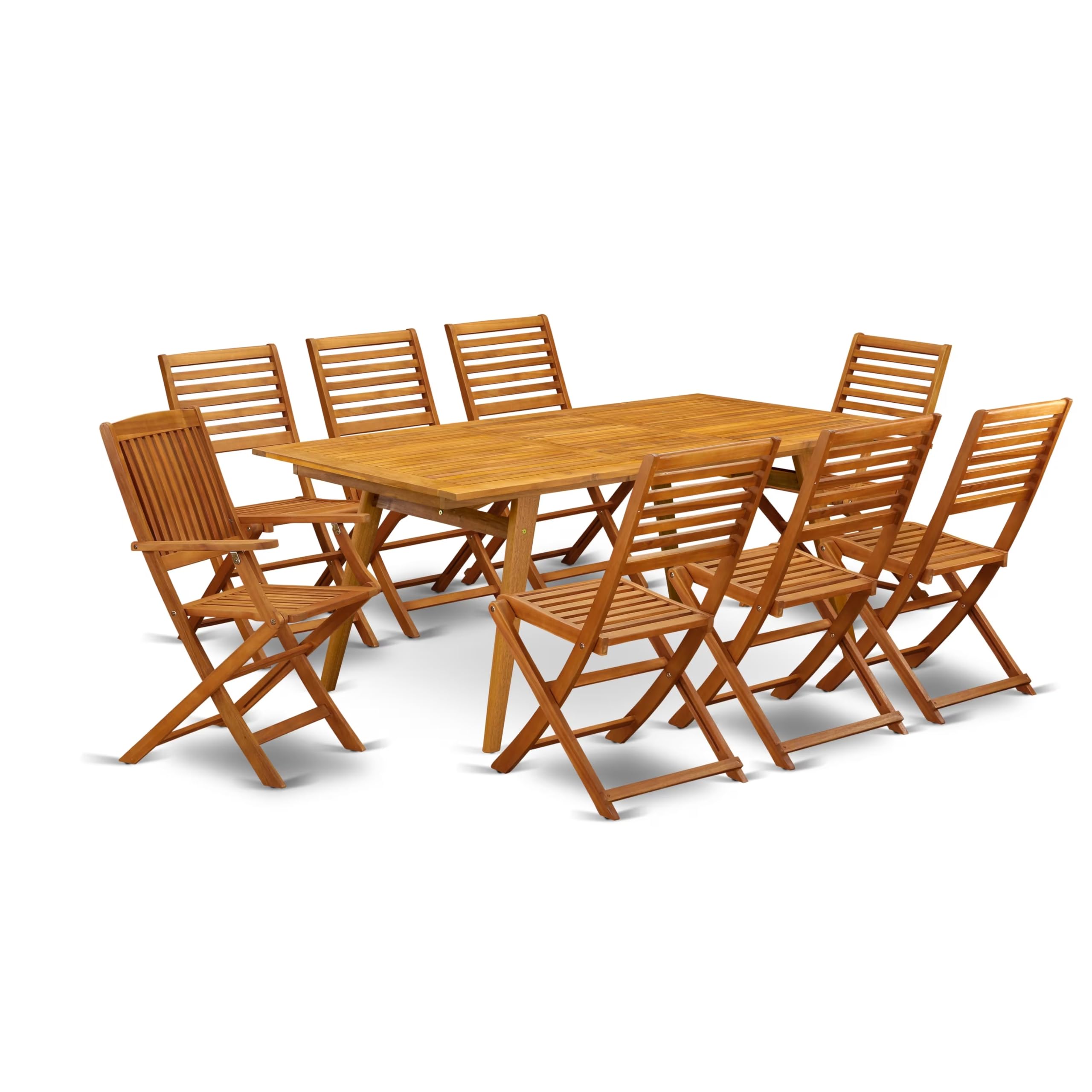 East West Furniture DEBS92CANA 9-Piece Outdoor Patio Dining Set - Rectangle Acacia Wood Table with 2 Folding Arm Chairs & 6 Side Chairs, 40x72 Inch, Natural Oil Finish - Perfect for Backyard BBQs, Garden Parties & Poolside Dining