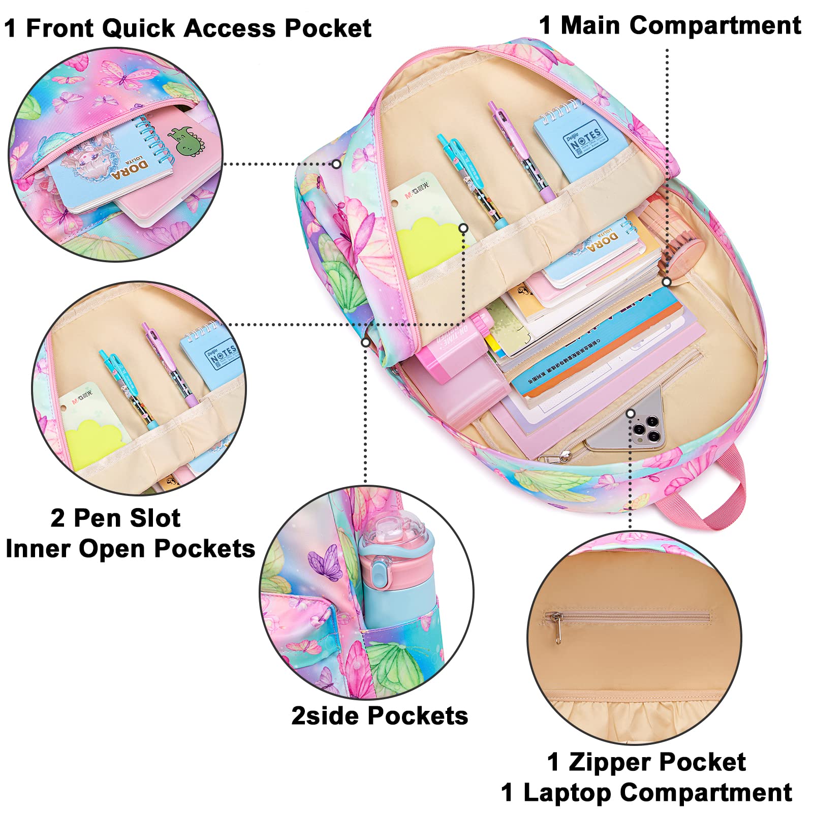 CAMTOP Girls Backpack with Lunch Box Set - Durable School Bookbag for Kids, Lightweight & Waterproof Backpack for School, Travel, and Outdoor Activities