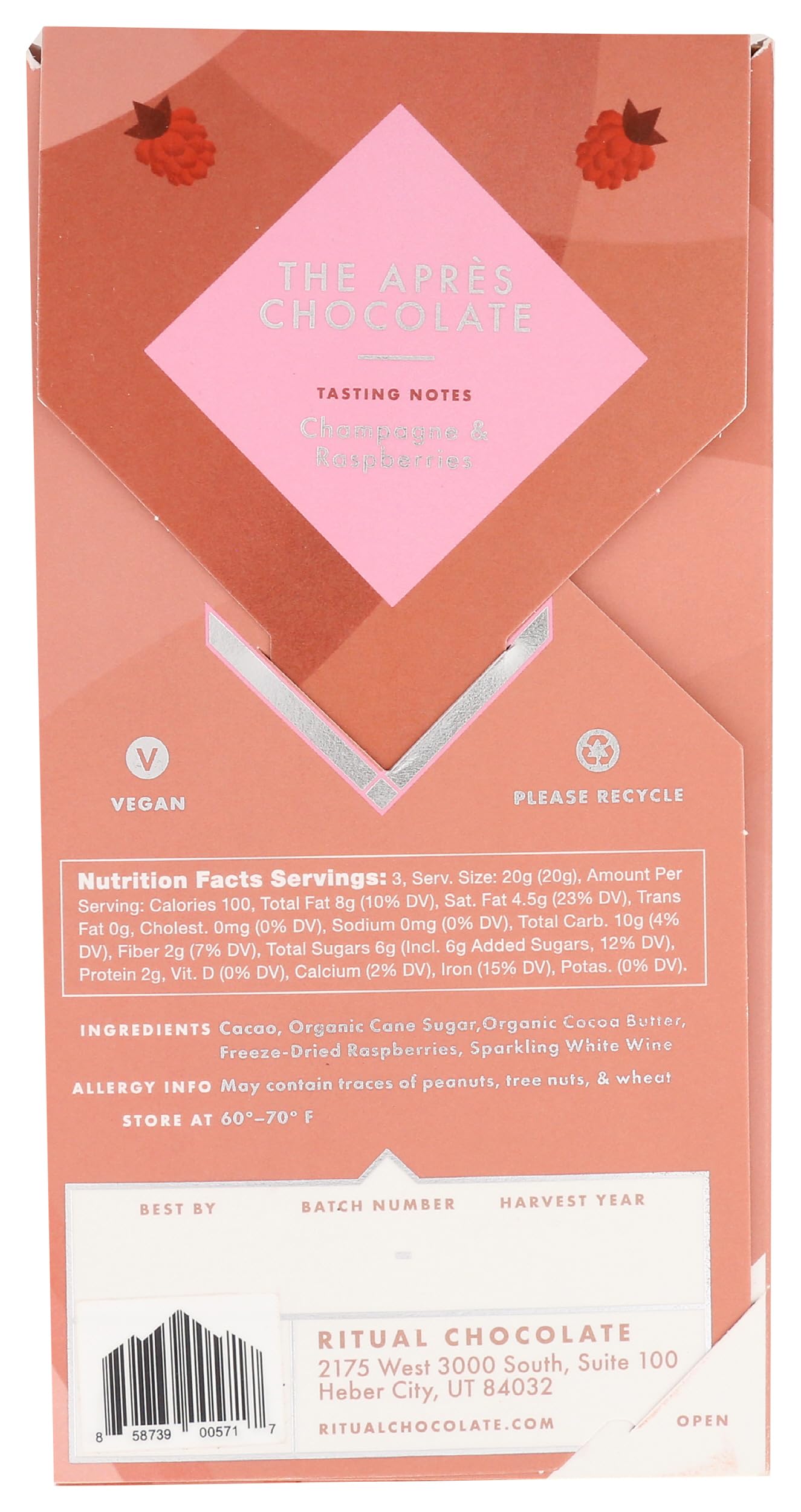 Ritual Chocolate Bar - Champagne Raspberries, 2.12oz | Gourmet Gift & Dessert