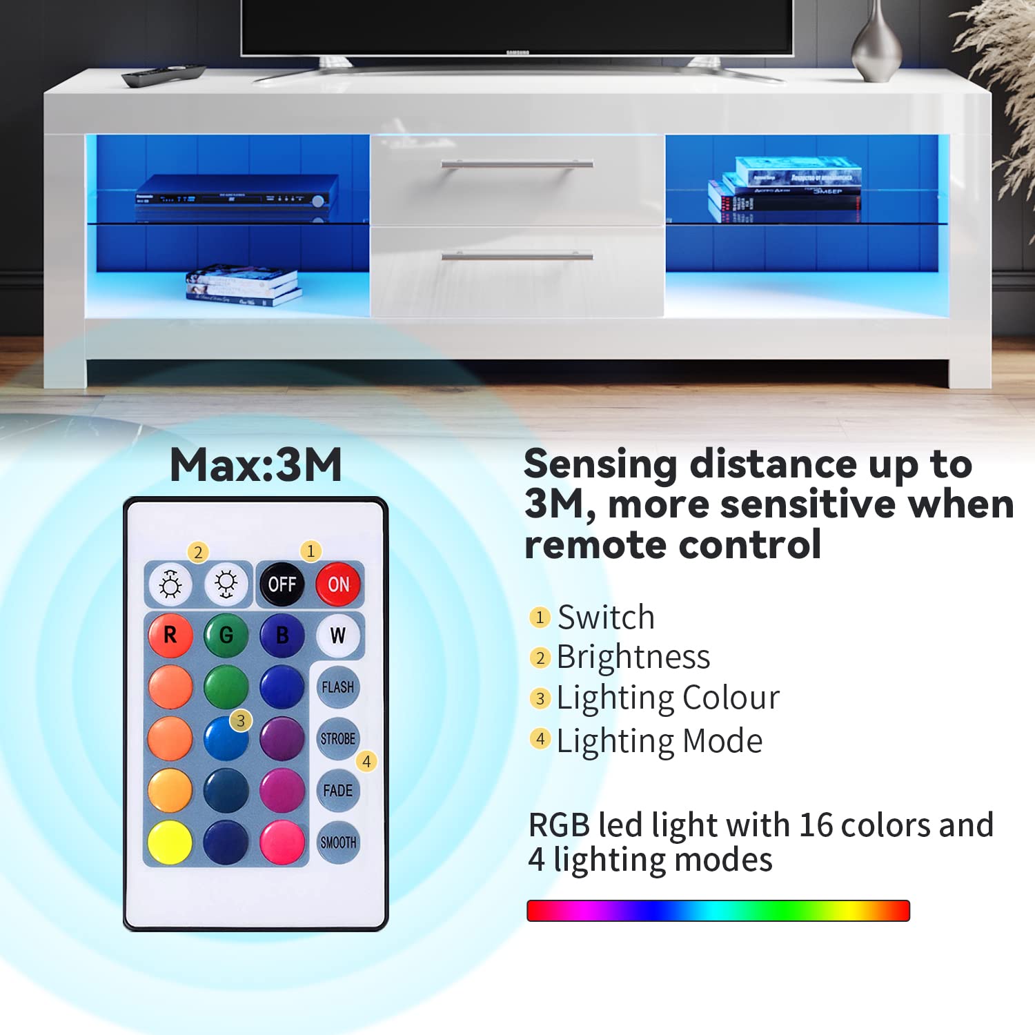 Modern White Glossy 1600mm LED TV Stand with Ambient Lighting - Storage Cabinet for 32-65 Inch 4K TVs - Elegant Living Room & Bedroom Furniture for Home Entertainment Setup