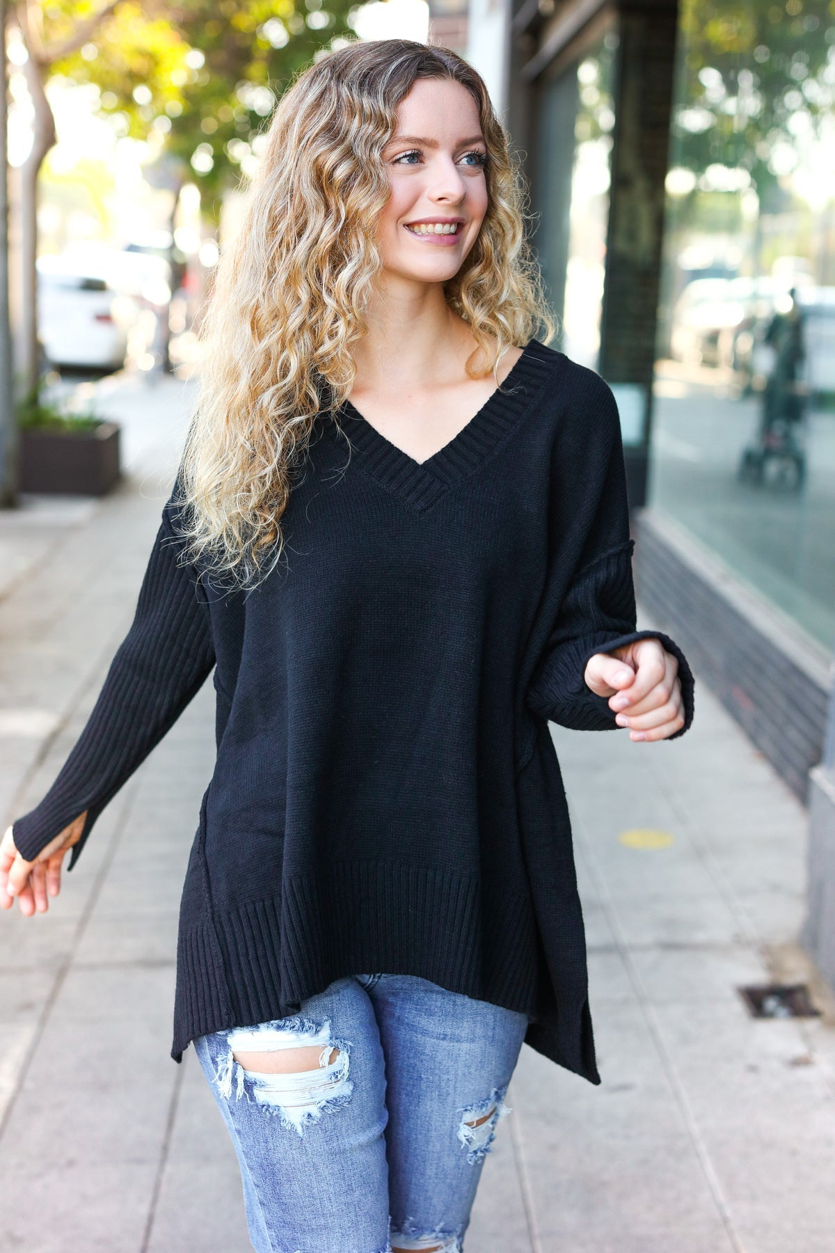 Stylish Black Oversized V-Neck Ribbed Knit Sweater for Women - Cozy & Trendy Fall Winter Pullover for Casual Outings & Layering