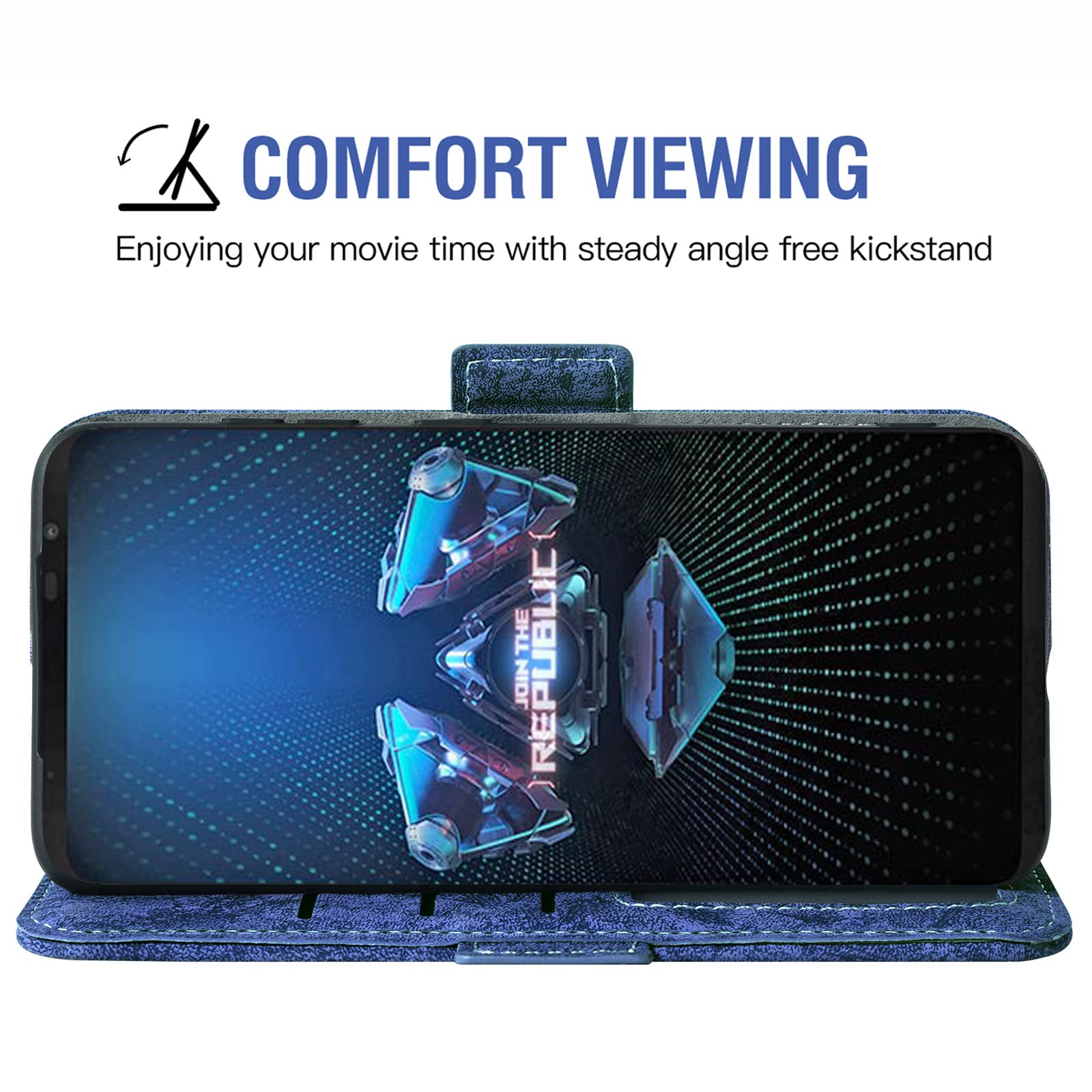 ASUS ROG Phone 5/5s Series Wallet Case with Tempered Glass Screen Protector, Magnetic Kickstand & Card Holder - Compatible with ROG Phone 5/5 Pro/5s/5s Pro/5 Ultimate - Perfect for Gaming, Travel & Daily Use (Blue)