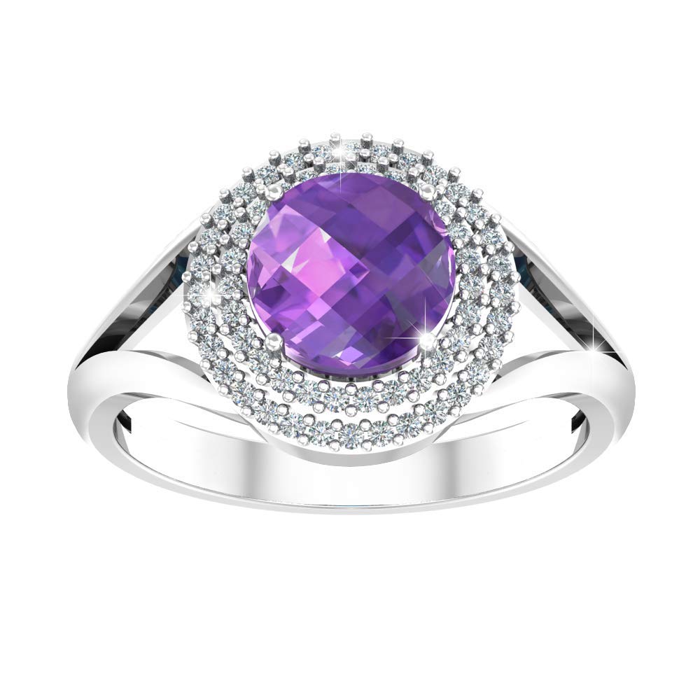 925 Sterling Silver Round Gemstone Birthstone Double Halo Ring for Women - Perfect Gift for Birthday, Anniversary & Special Occasions