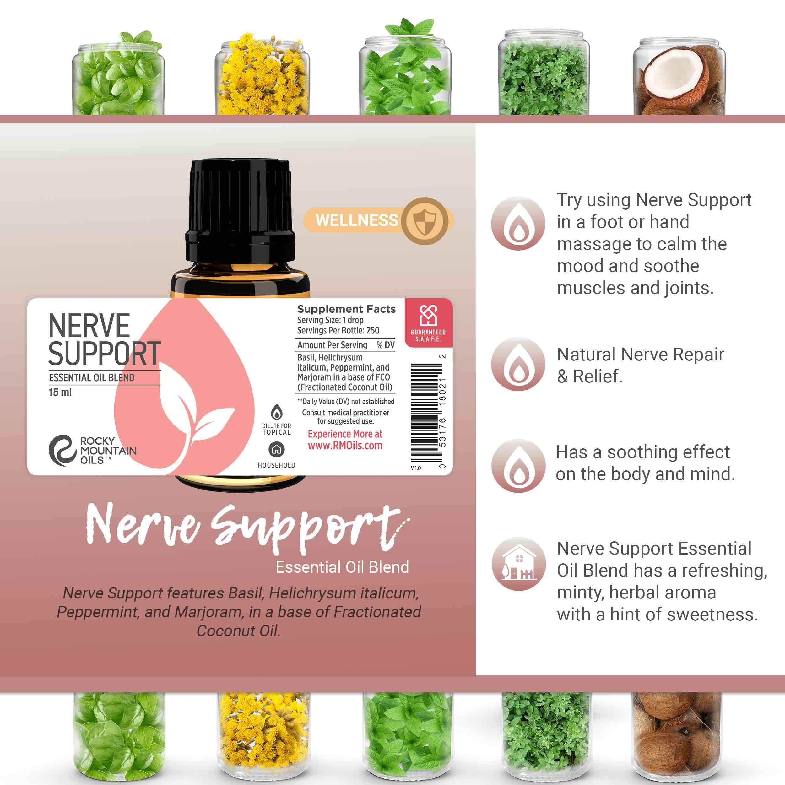 Rocky Mountain Oils 100% Pure Nerve Support Essential Oil Blend - Natural Aromatherapy Oil for Diffusers & Massage Therapy | Stress Relief, Relaxation & Wellness | 15ml Bottle for Home, Office & Spa Use