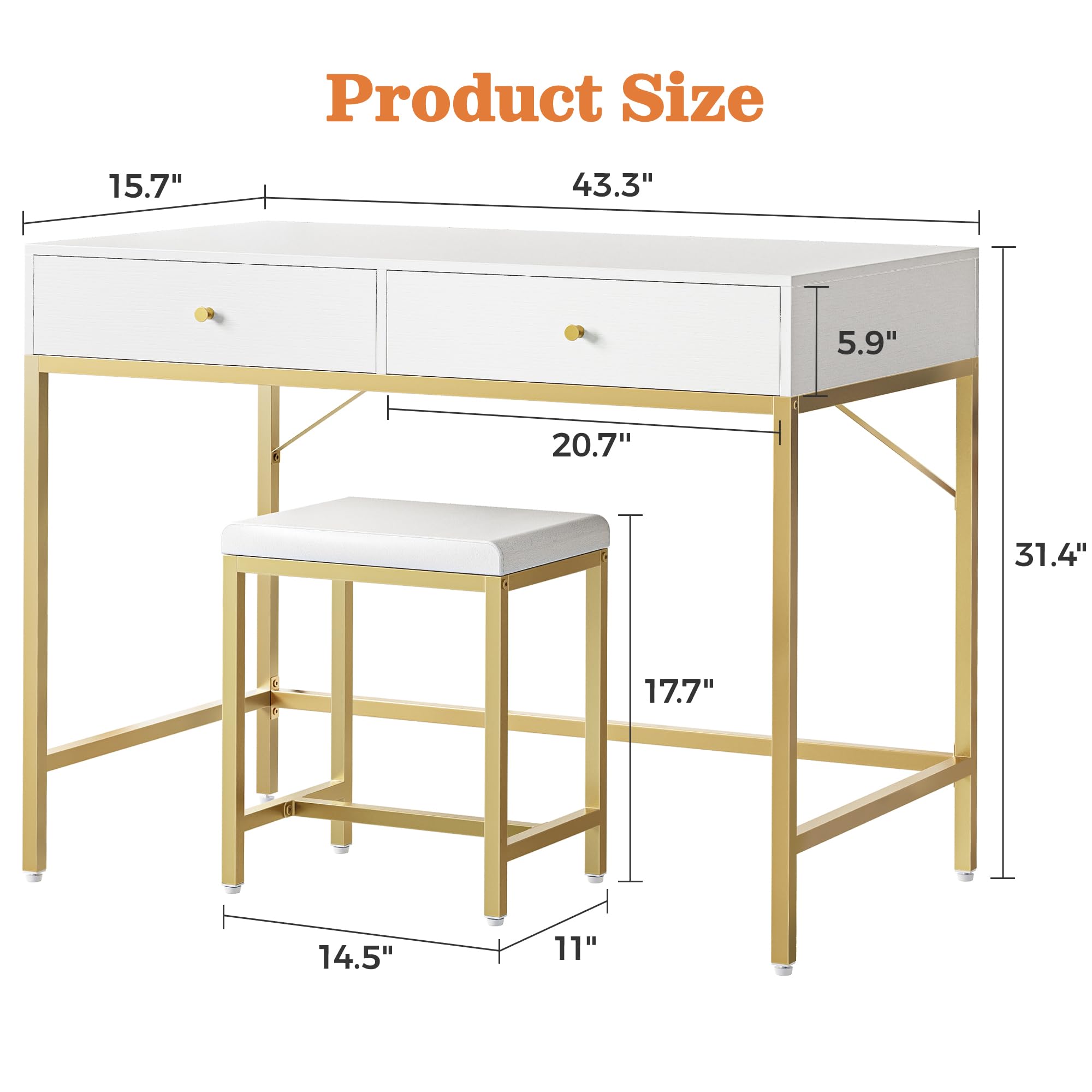 SUPERJARE 43-inch White and Gold Vanity Desk with 2 Drawers & Padded Stool - Modern Makeup Dressing Table, Computer Desk with Storage, Home Office Writing Desk for Bedroom, Study & Small Spaces