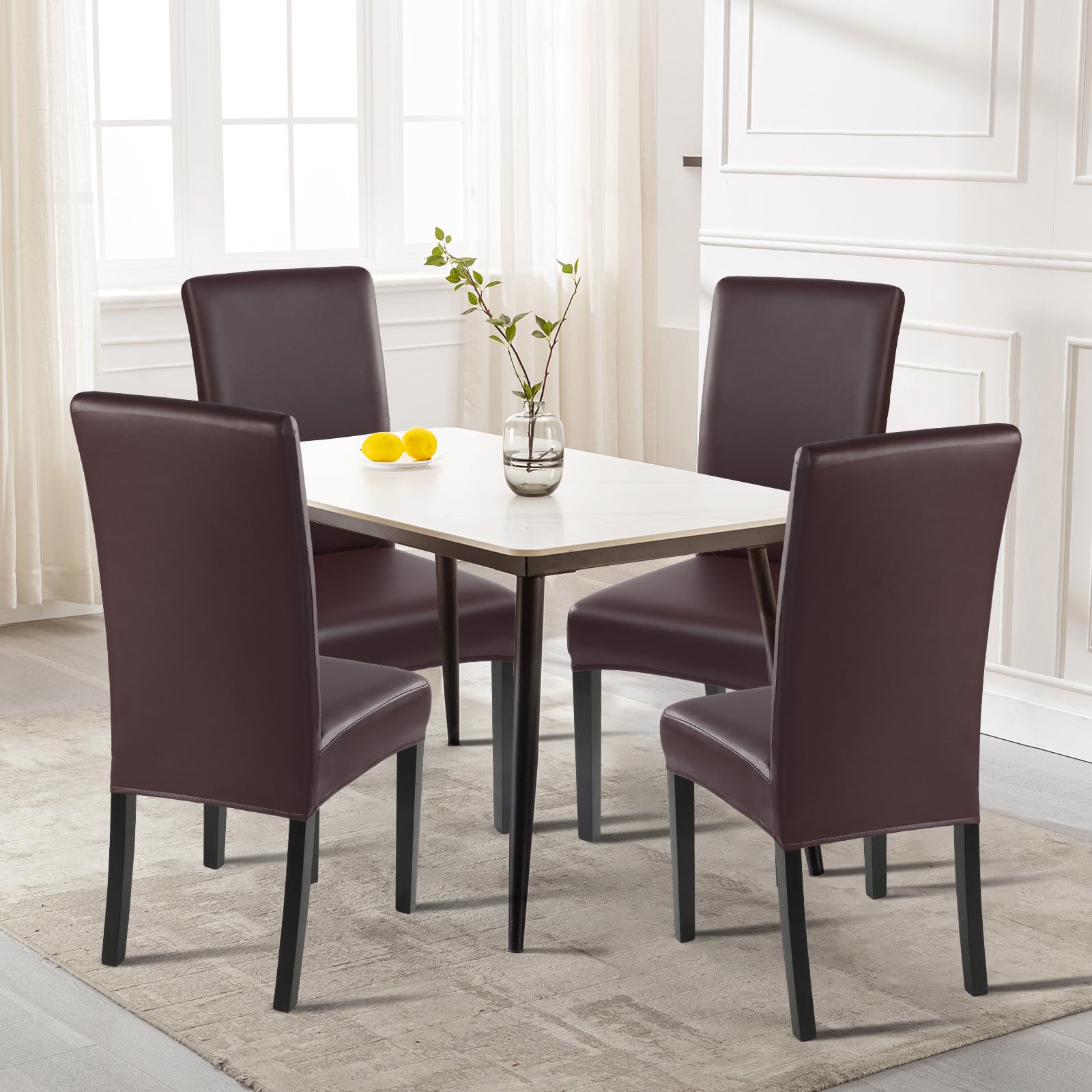 Waterproof PU Leather Dining Chair Covers Set of 6 - Stretch Oil-Resistant Parsons Chair Slipcovers, Washable Kitchen Chair Protectors for Dining Room (Brown) | Perfect for Home, Restaurant, and Office Use