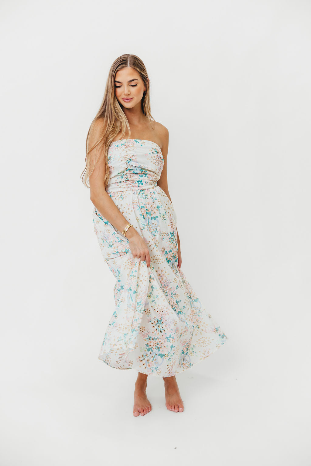 Rosella Floral Eyelet Lace Ruched Tube Maxi Dress - Women's Elegant Summer Beach Wedding Party Dress for Vacation, Date Night & Special Occasions