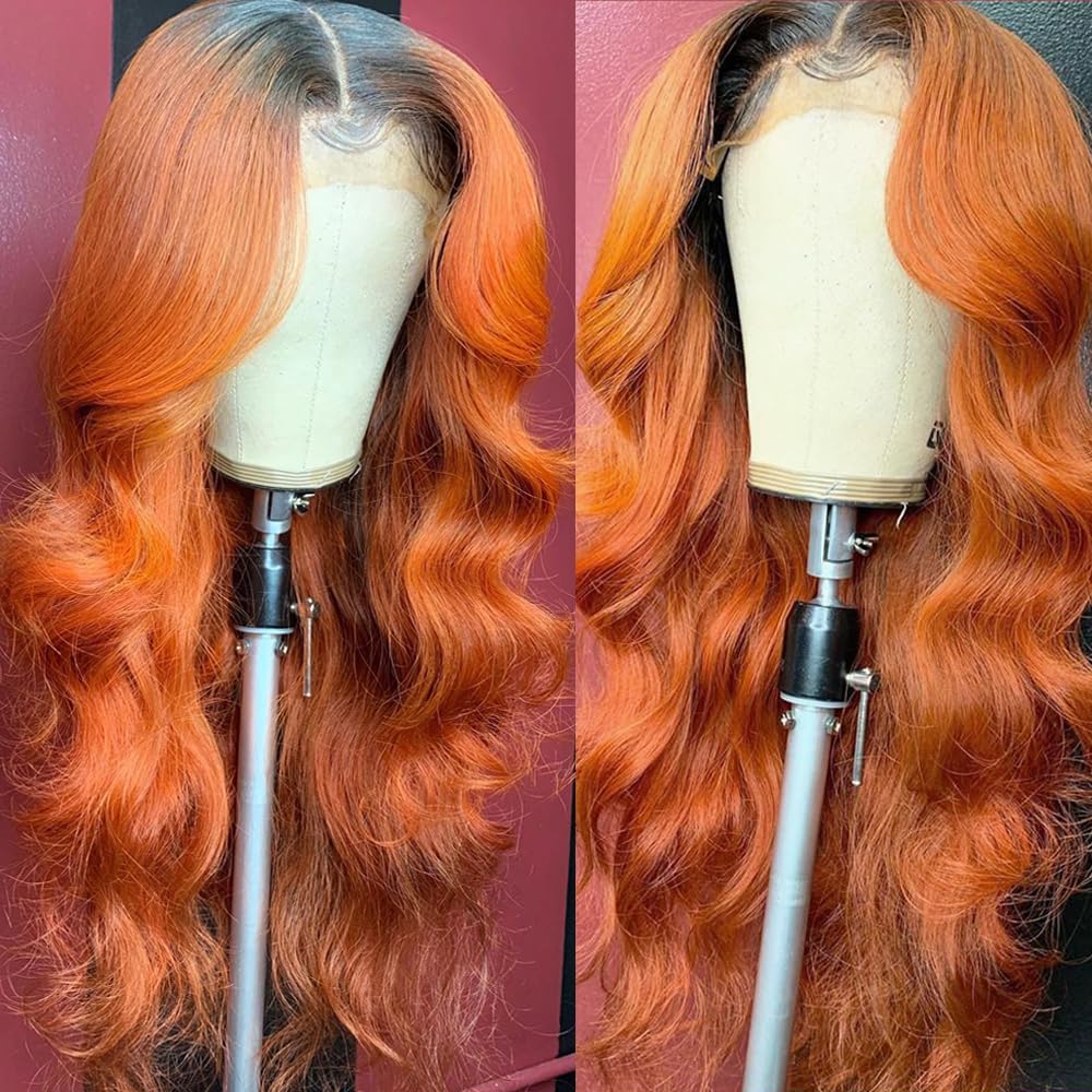 YMS 13x4 Lace Front Wigs Human Hair 180% Density - Ombre Orange Body Wave Wig with Bleached Knots & Baby Hair | Pre-Plucked Transparent Lace Wig for Women (16 Inch) | Perfect for Daily Wear, Cosplay, and Special Occasions
