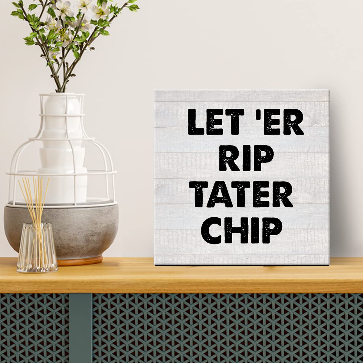 Funny Bathroom Wall Art - 'Let 'Er Rip' Humorous Canvas Print - 8x8 Inch Framed Restroom Decor - Perfect for Home, Shelf & Housewarming Gifts - Great for Powder Rooms, Guest Baths & Man Caves