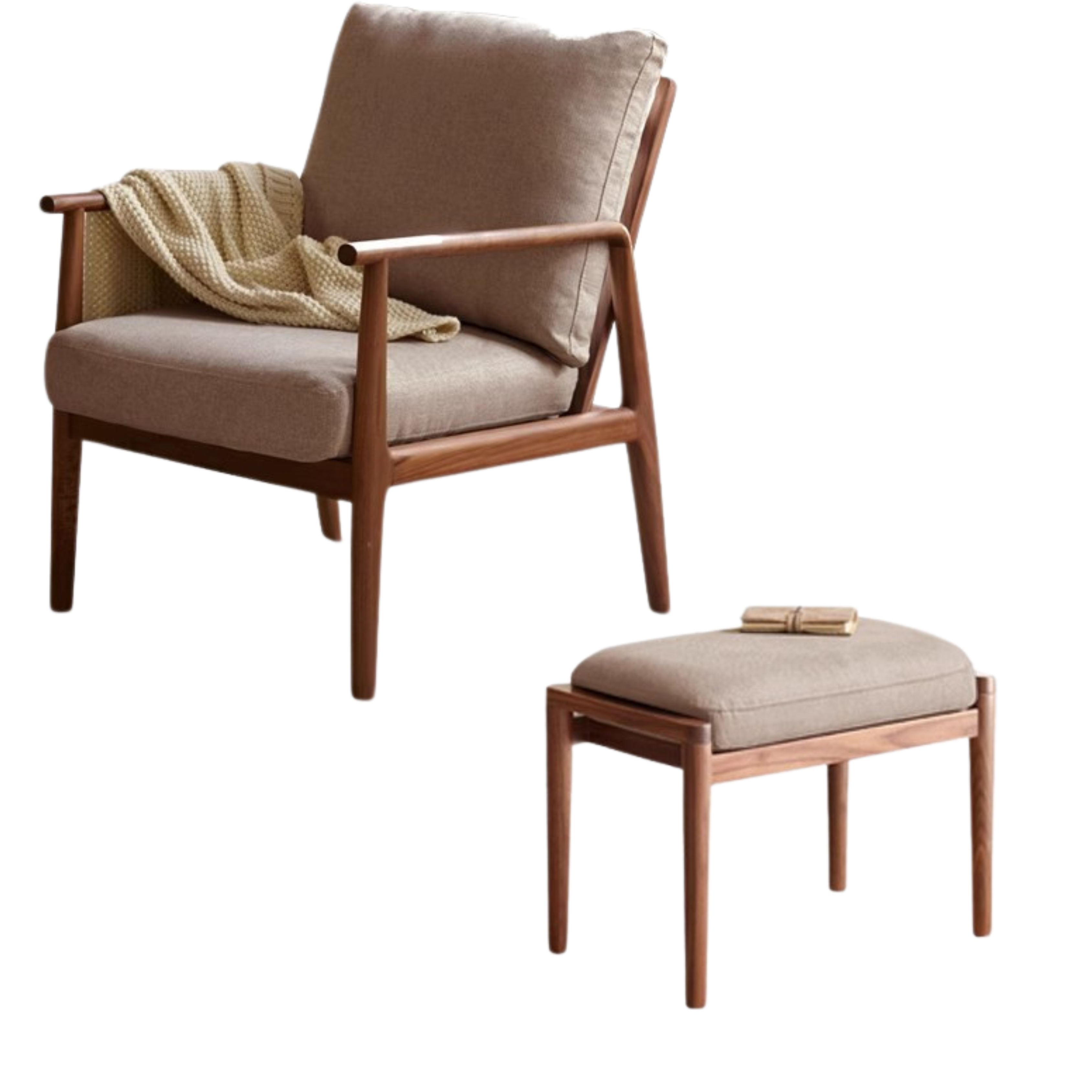 Premium Black Walnut Solid Wood Lounge Armchair with Matching Footstool - Handcrafted Comfort Chair for Living Room, Reading Nook & Relaxation Spaces