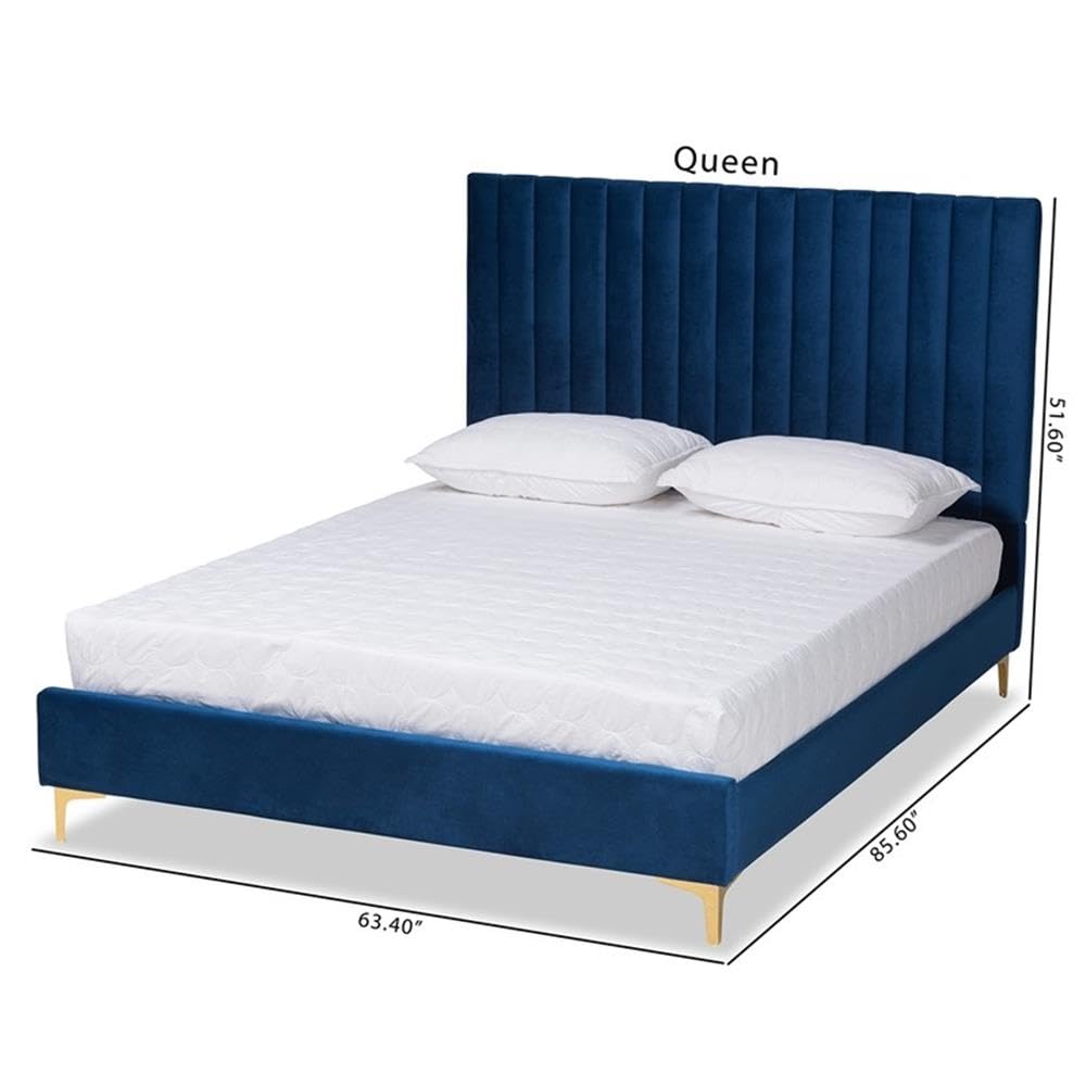Baxton Studio Serrano Contemporary Queen Size Platform Bed - Navy Blue Velvet Upholstery with Gold Metal Frame | Luxurious Bedroom Furniture for Modern Home Decor