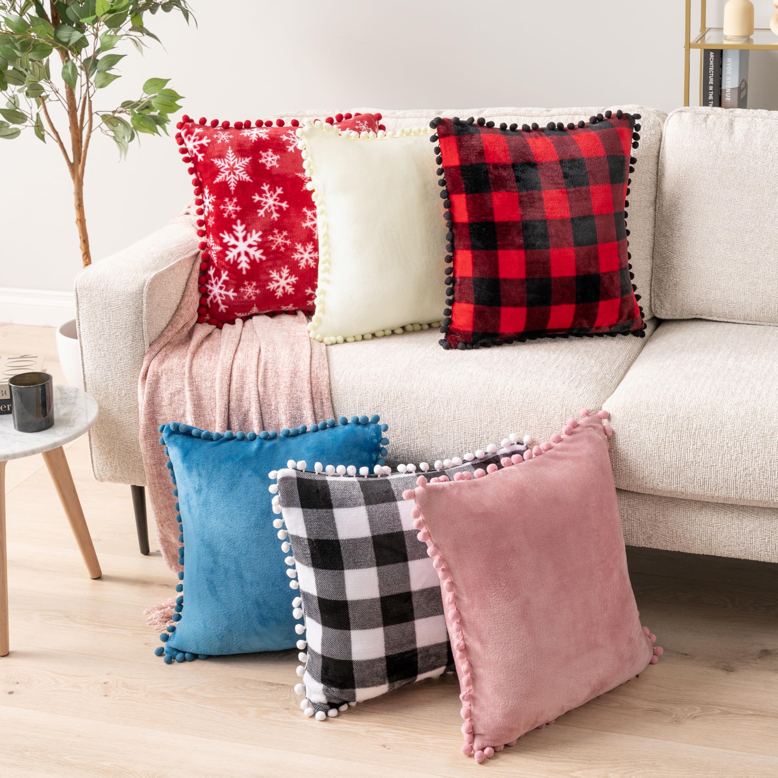 PAVILIA 20x20 Blush Pink Velvet Throw Pillow Covers Set of 2 - Soft Pom Pom Decorative Cushion Covers for Bed, Sofa, Couch & Home Decor - Cozy Living Room & Bedroom Aesthetic Accessories