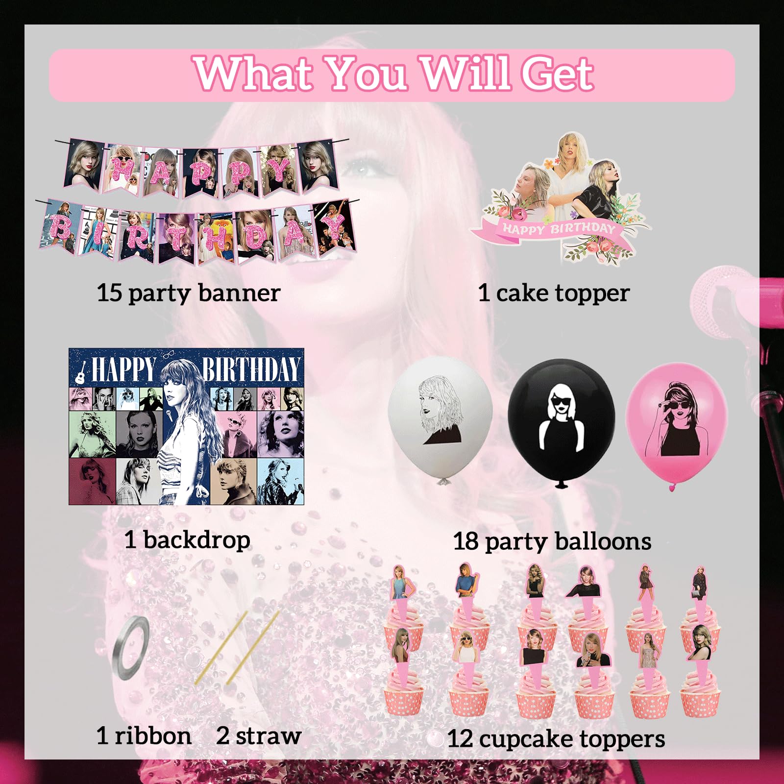 50 PCS Birthday Party Decorations Kit - Includes Banner, Balloons, Backdrop, Cupcake & Cake Toppers - Perfect for Girls, Boys & Fans Birthday Celebrations - Ideal for Home, School & Office Parties