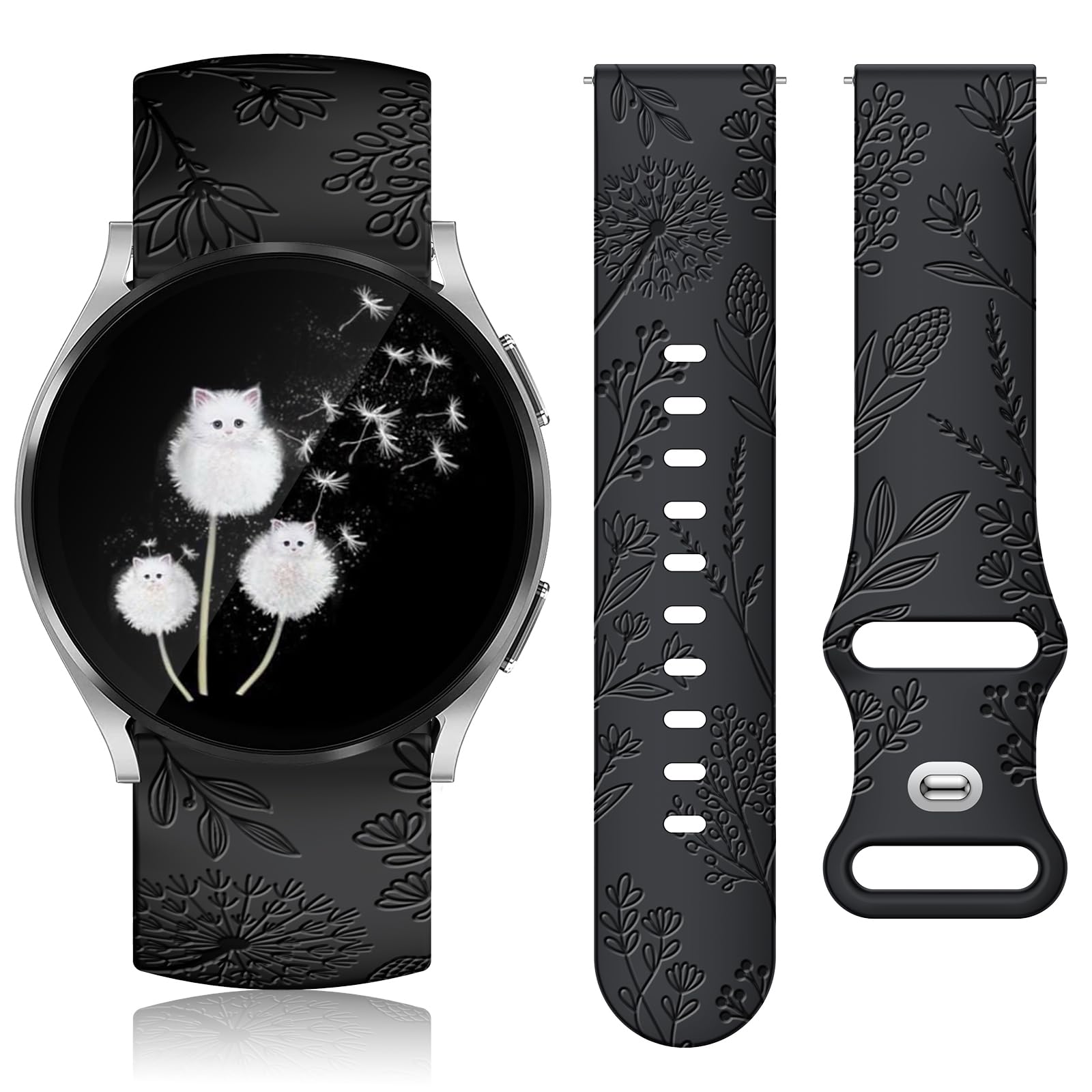 Floral Engraved Samsung Galaxy Watch Band - 20mm Silicone Strap for Watch 7/6/5/4/3 - Perfect for Workouts & Daily Wear