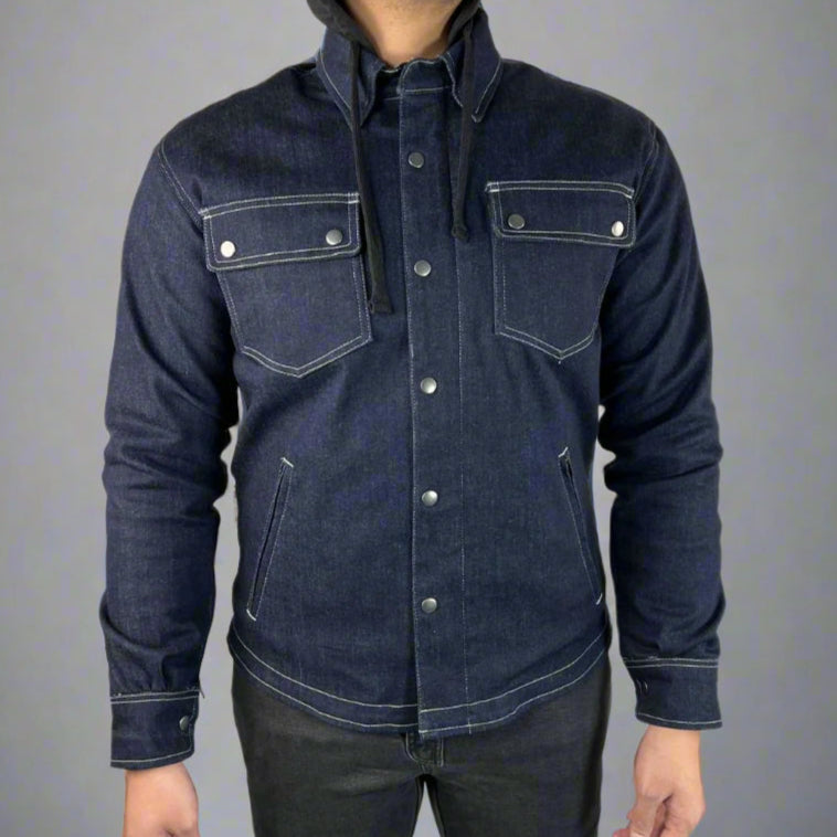 Men's Armored Denim Shirt with Removable Hoodie - Stylish Protective Jacket for Motorcycle Riding & Outdoor Adventures