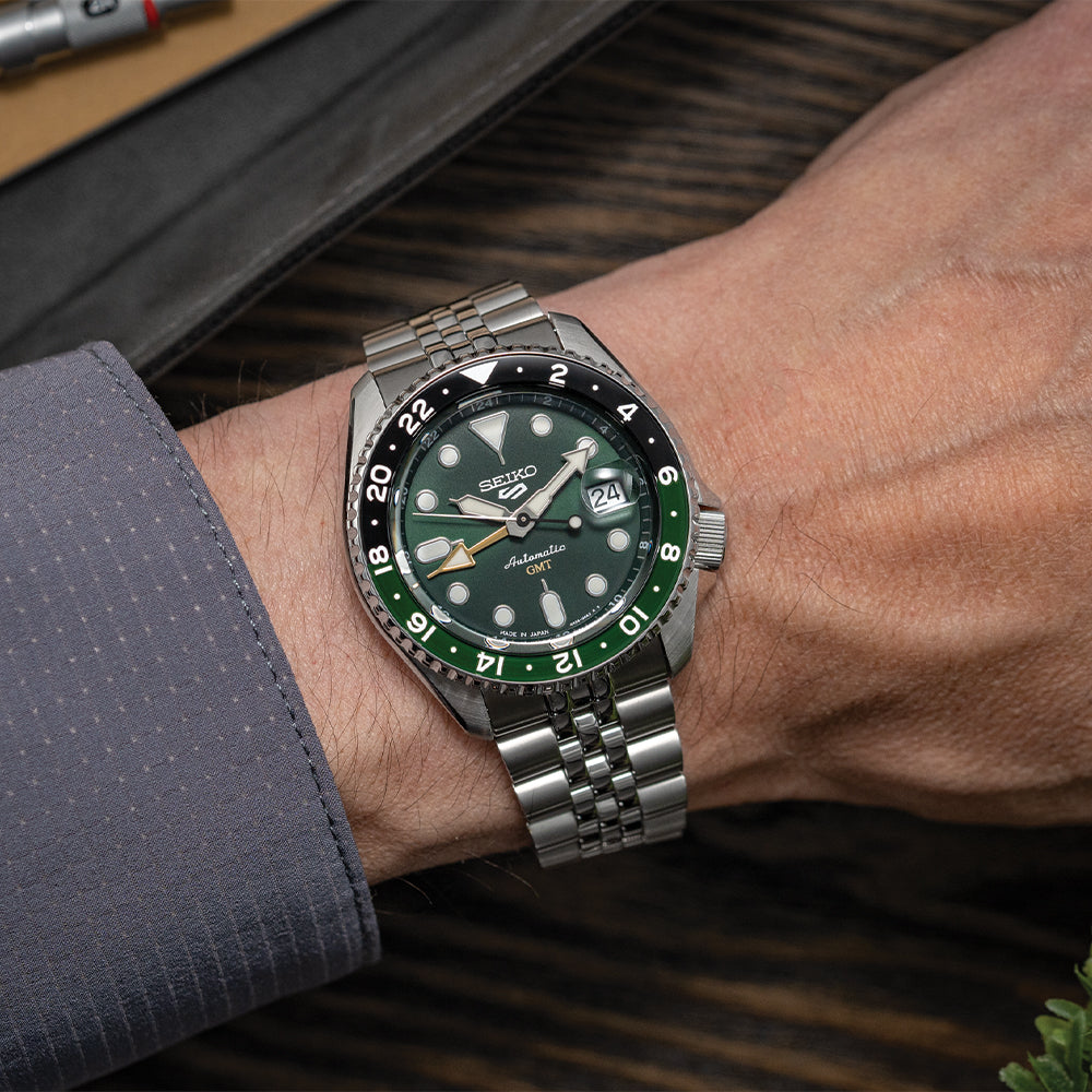 SSK035 Seiko 5 Sports SKX GMT Automatic Watch 42.5mm - Green Dial on Stainless Steel Bracelet | Perfect for Diving, Travel & Everyday Wear