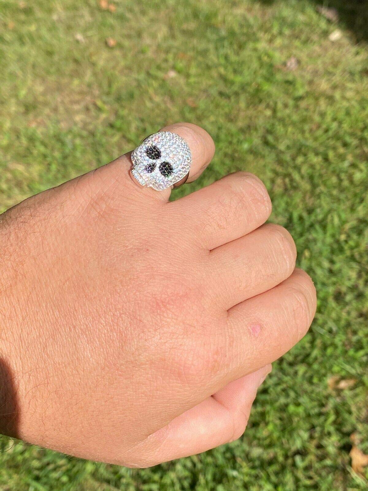 925 Sterling Silver Men's Iced Skull Emoji Ring with Black Diamond Eyes - Gothic Santa Muerte Pinky Ring for Men - Hip Hop Jewelry Gift for Boyfriend - Perfect for Parties, Concerts and Streetwear Fashion
