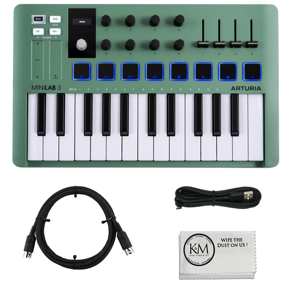 Arturia MiniLab 3 25-Key USB MIDI Keyboard Controller with 8 Pads & DAW Integration - Mint Green | Includes MIDI Cable & Microfiber Cloth | Perfect for Music Production, Beat Making & Home Studio Recording