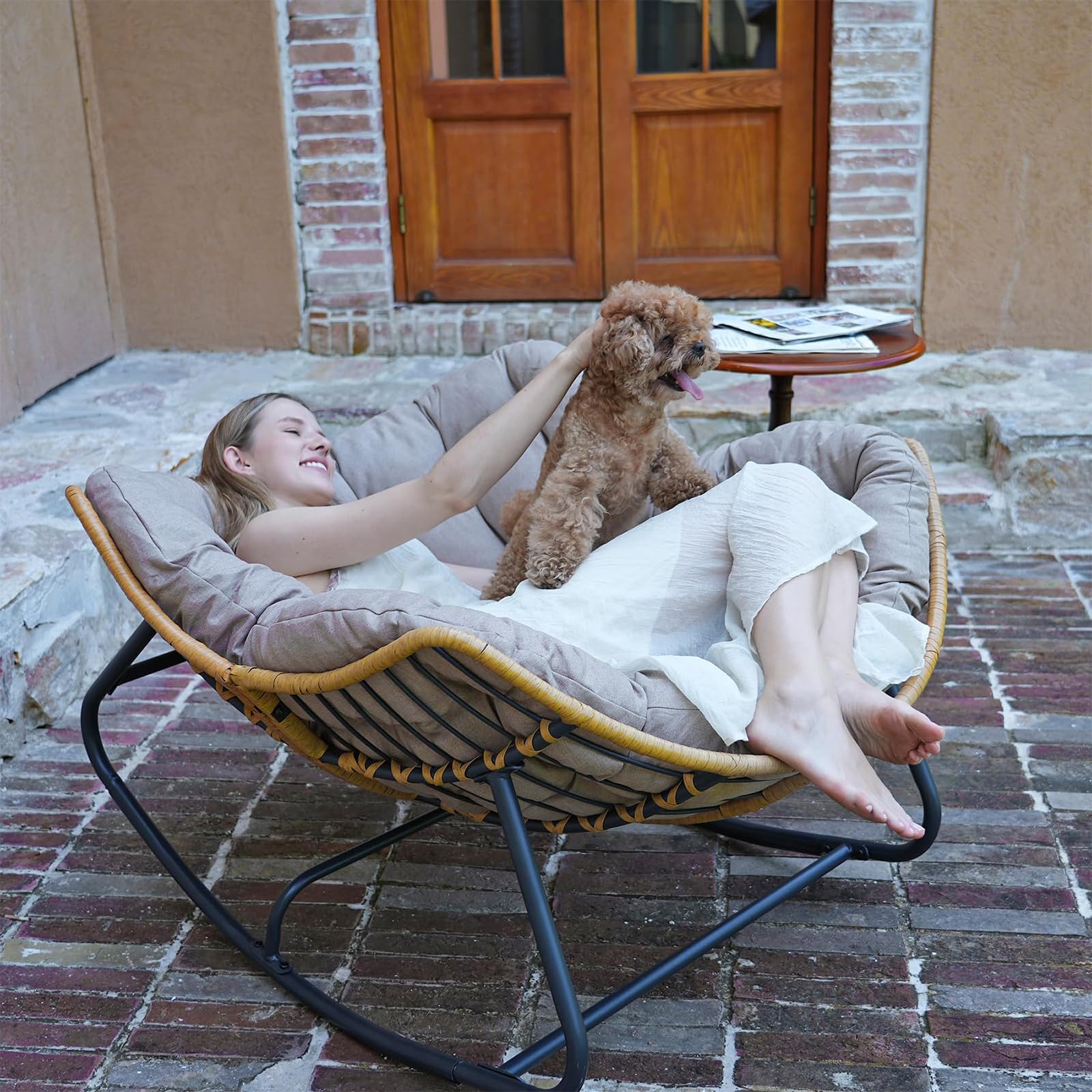 SWITTE Outdoor Rocking Chair - Egg-Shaped Patio Chair with Rattan Wicker Design, Modern Papasan Lounge Chair for Indoor & Outdoor Use - Perfect for Bedroom, Living Room, Porch, Garden and Lawn Relaxation (Beige)
